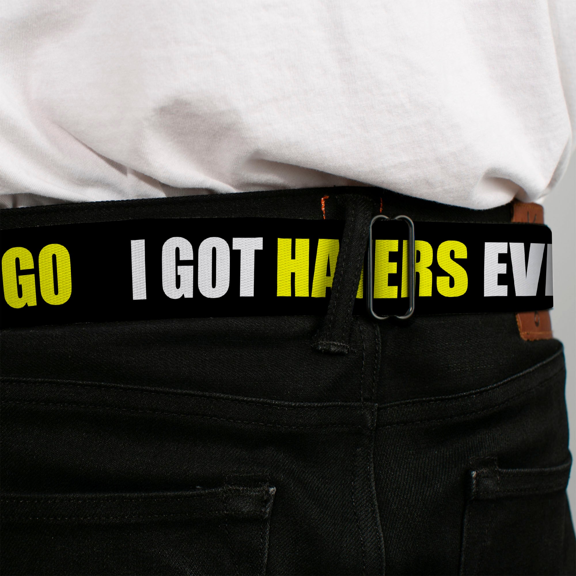 BD Wings Logo CLOSE-UP Full Color Black Silver Seatbelt Belt - I GOT HATERS EVERYWHERE Black/White/Yellow Webbing Seatbelt Belts Buckle-Down