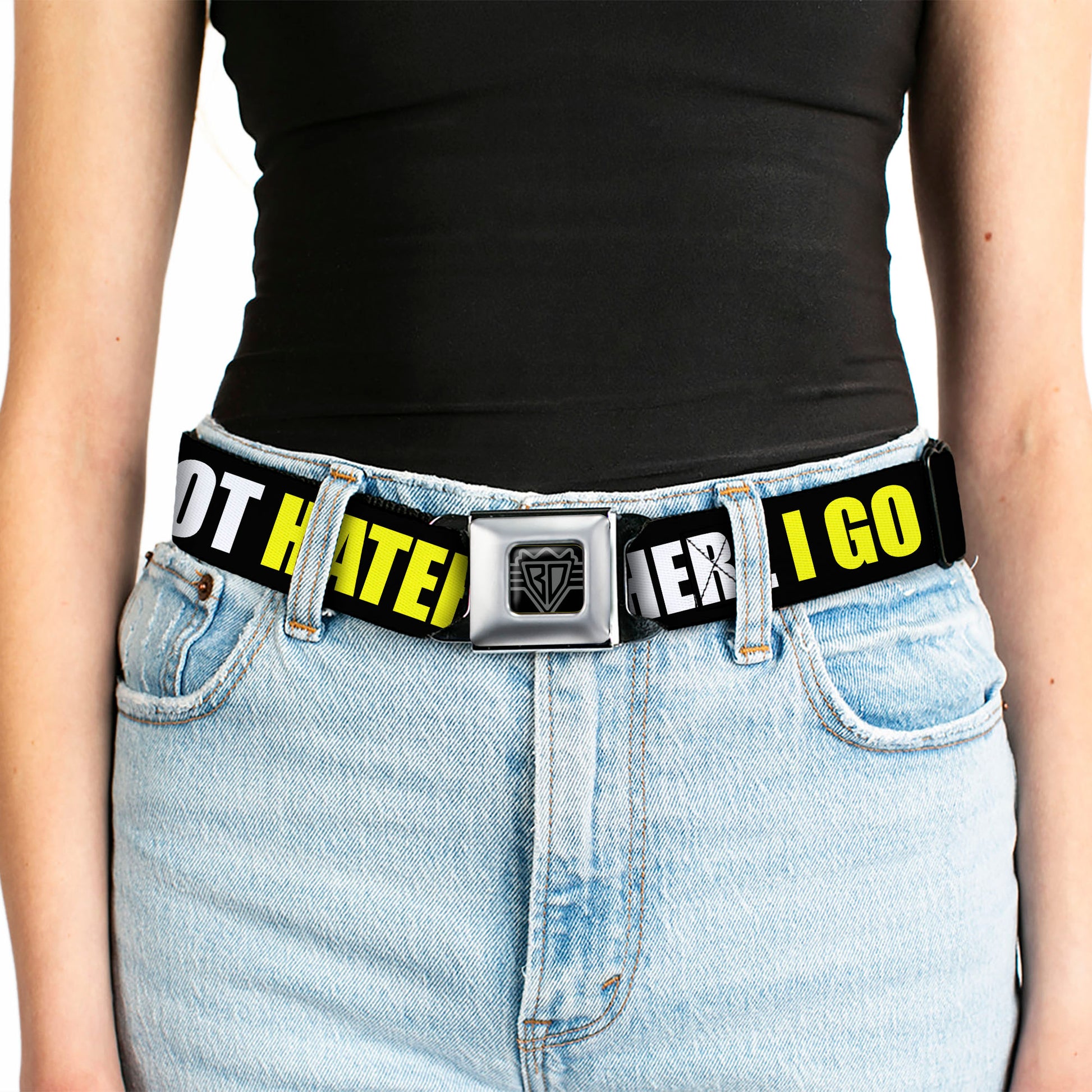 BD Wings Logo CLOSE-UP Full Color Black Silver Seatbelt Belt - I GOT HATERS EVERYWHERE Black/White/Yellow Webbing Seatbelt Belts Buckle-Down