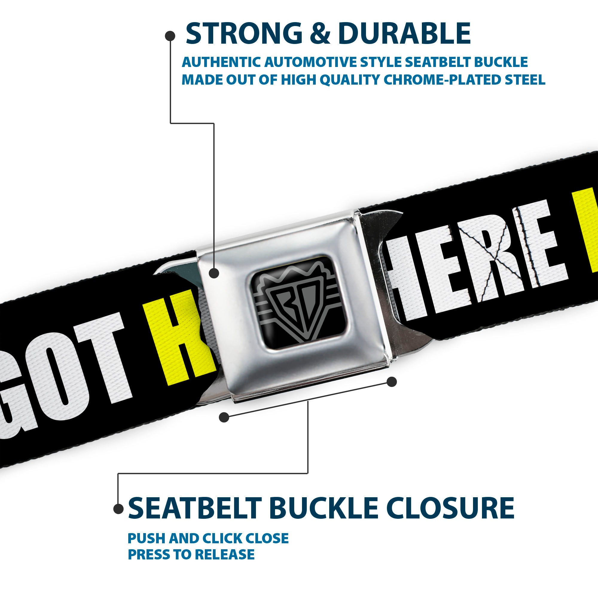 BD Wings Logo CLOSE-UP Full Color Black Silver Seatbelt Belt - I GOT HATERS EVERYWHERE Black/White/Yellow Webbing Seatbelt Belts Buckle-Down
