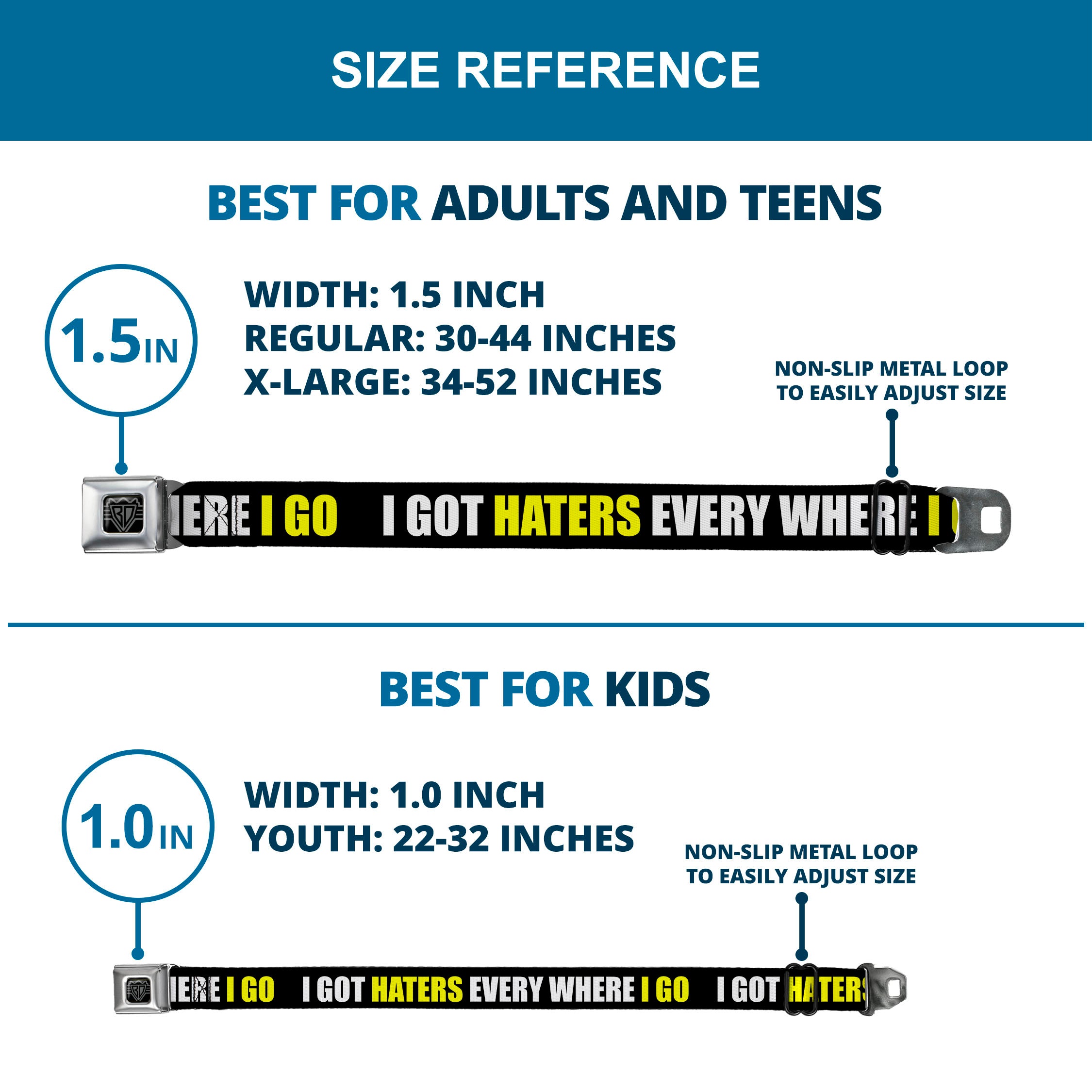 BD Wings Logo CLOSE-UP Full Color Black Silver Seatbelt Belt - I GOT HATERS EVERYWHERE Black/White/Yellow Webbing Seatbelt Belts Buckle-Down