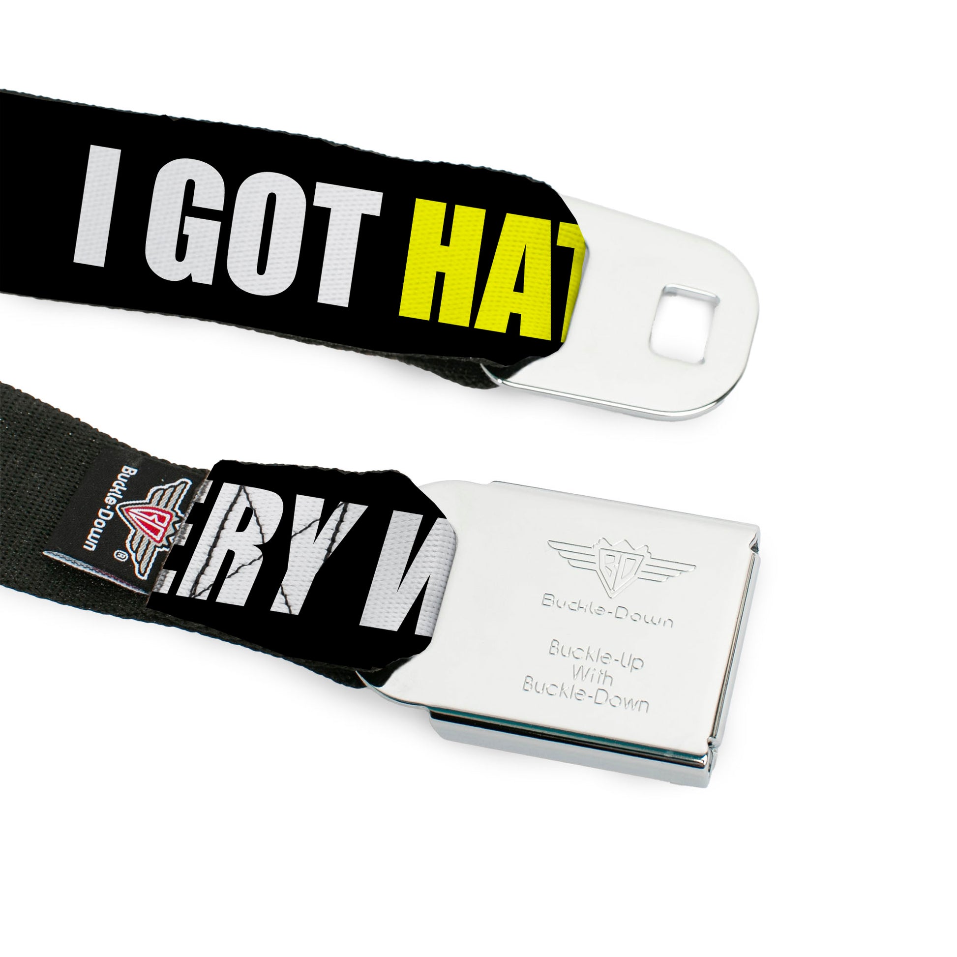 BD Wings Logo CLOSE-UP Full Color Black Silver Seatbelt Belt - I GOT HATERS EVERYWHERE Black/White/Yellow Webbing Seatbelt Belts Buckle-Down