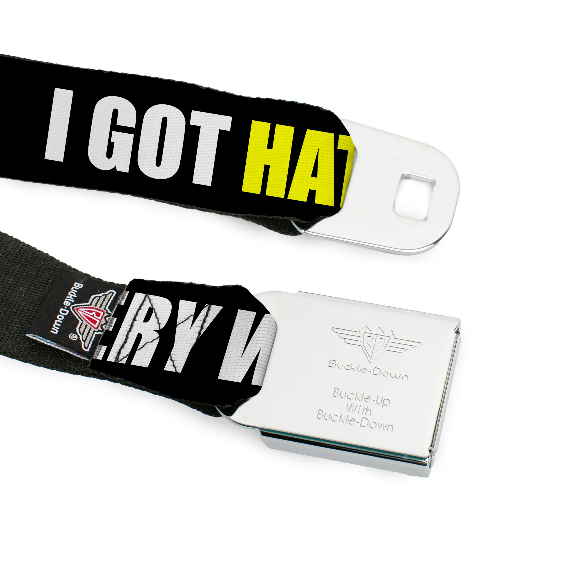 BD Wings Logo CLOSE-UP Full Color Black Silver Seatbelt Belt - I GOT HATERS EVERYWHERE Black/White/Yellow Webbing Seatbelt Belts Buckle-Down