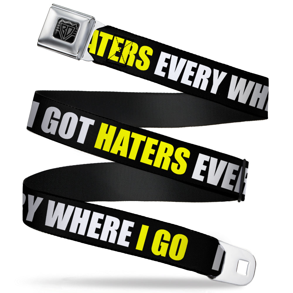 BD Wings Logo CLOSE-UP Full Color Black Silver Seatbelt Belt - I GOT HATERS EVERYWHERE Black/White/Yellow Webbing Seatbelt Belts Buckle-Down