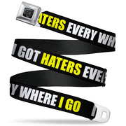 BD Wings Logo CLOSE-UP Full Color Black Silver Seatbelt Belt - I GOT HATERS EVERYWHERE Black/White/Yellow Webbing Seatbelt Belts Buckle-Down