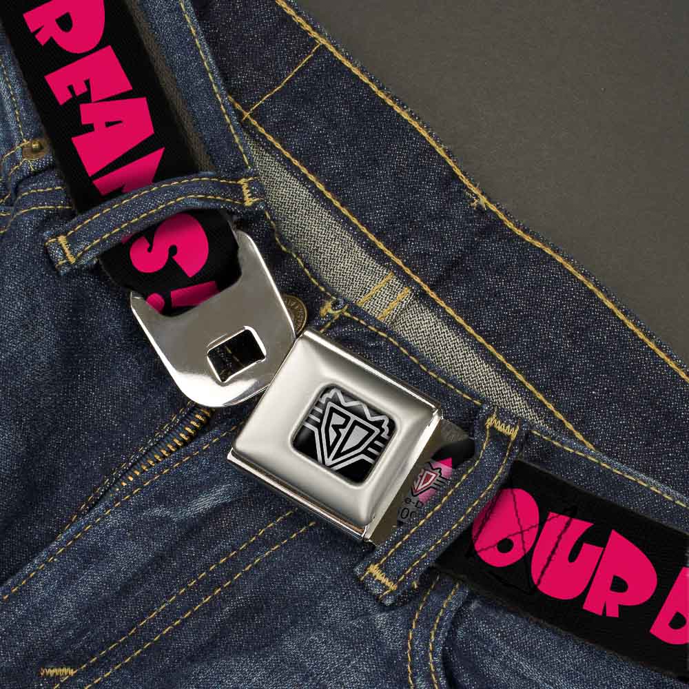 BD Wings Logo CLOSE-UP Full Color Black Silver Seatbelt Belt - IN YOUR DREAMS! Black/White/Pink Webbing Seatbelt Belts Buckle-Down