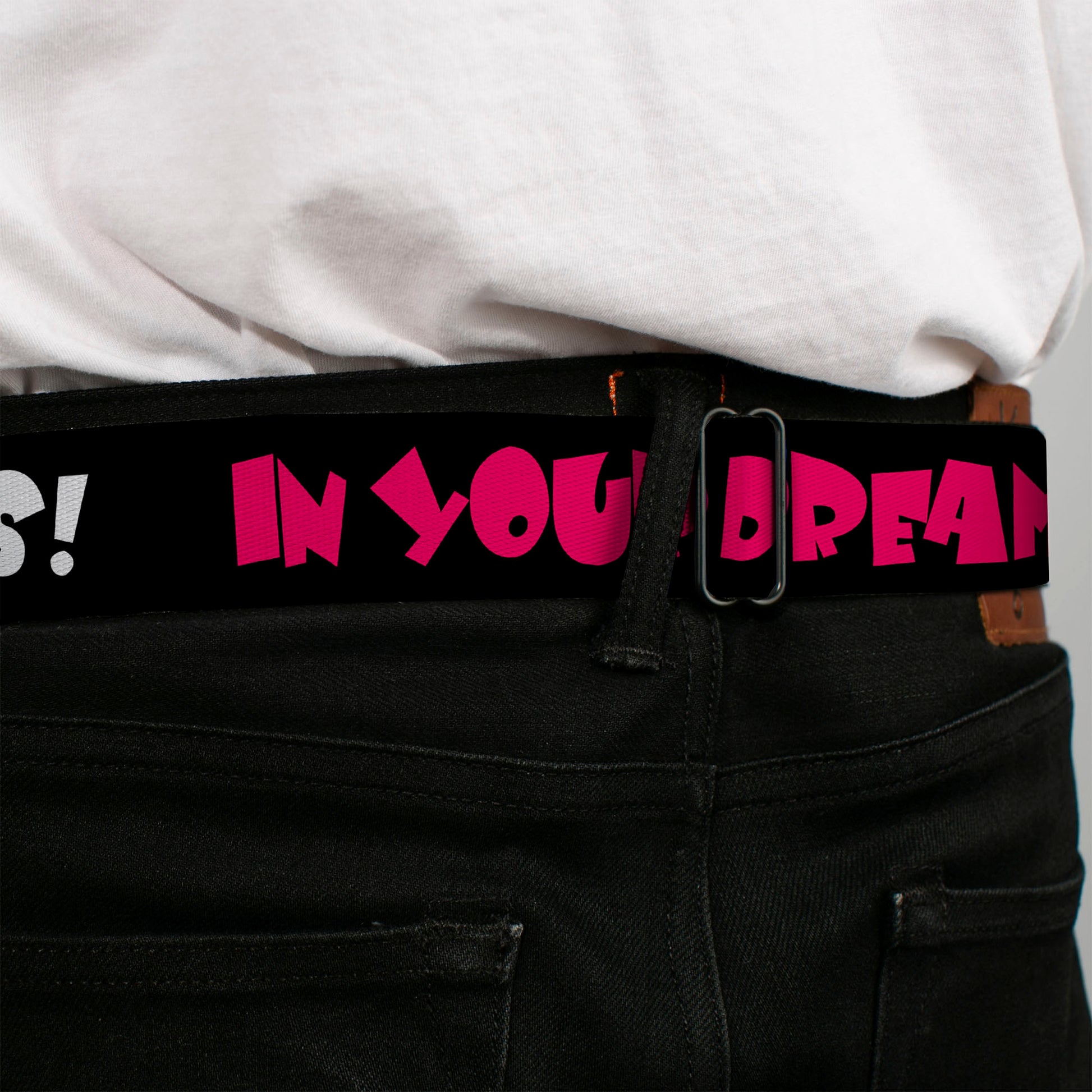 BD Wings Logo CLOSE-UP Full Color Black Silver Seatbelt Belt - IN YOUR DREAMS! Black/White/Pink Webbing Seatbelt Belts Buckle-Down