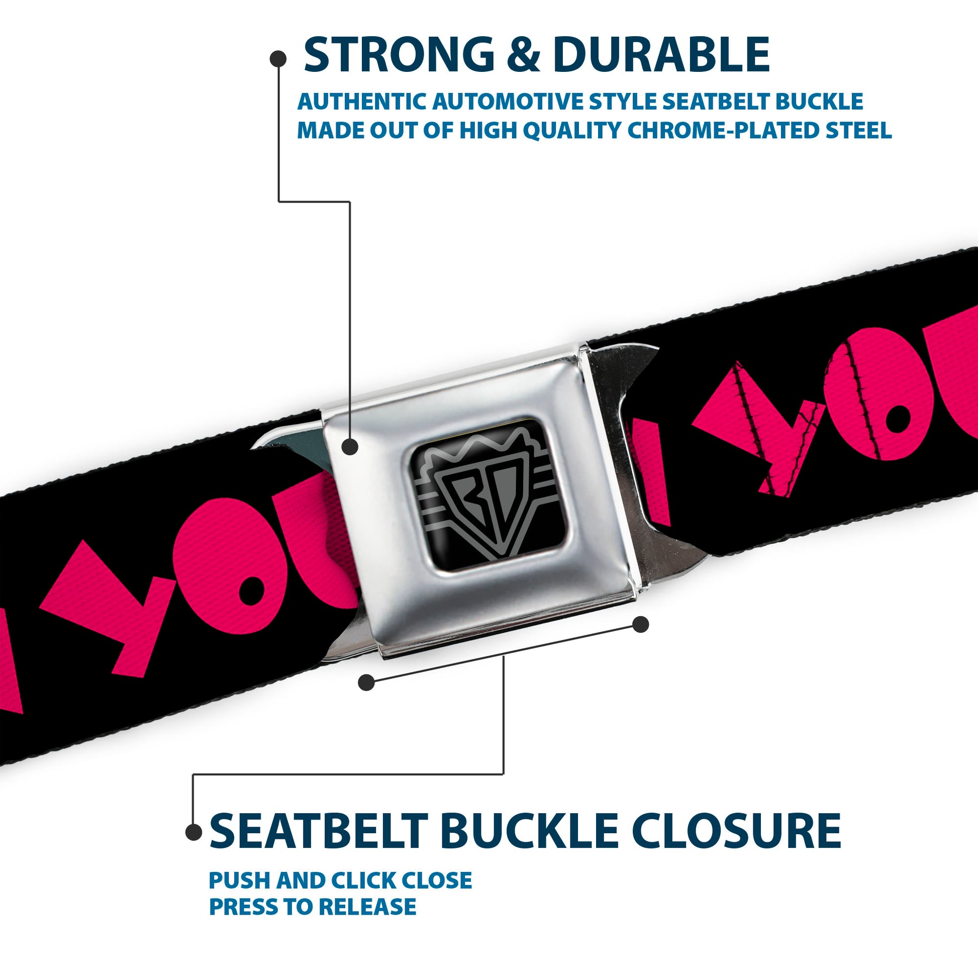 BD Wings Logo CLOSE-UP Full Color Black Silver Seatbelt Belt - IN YOUR DREAMS! Black/White/Pink Webbing Seatbelt Belts Buckle-Down