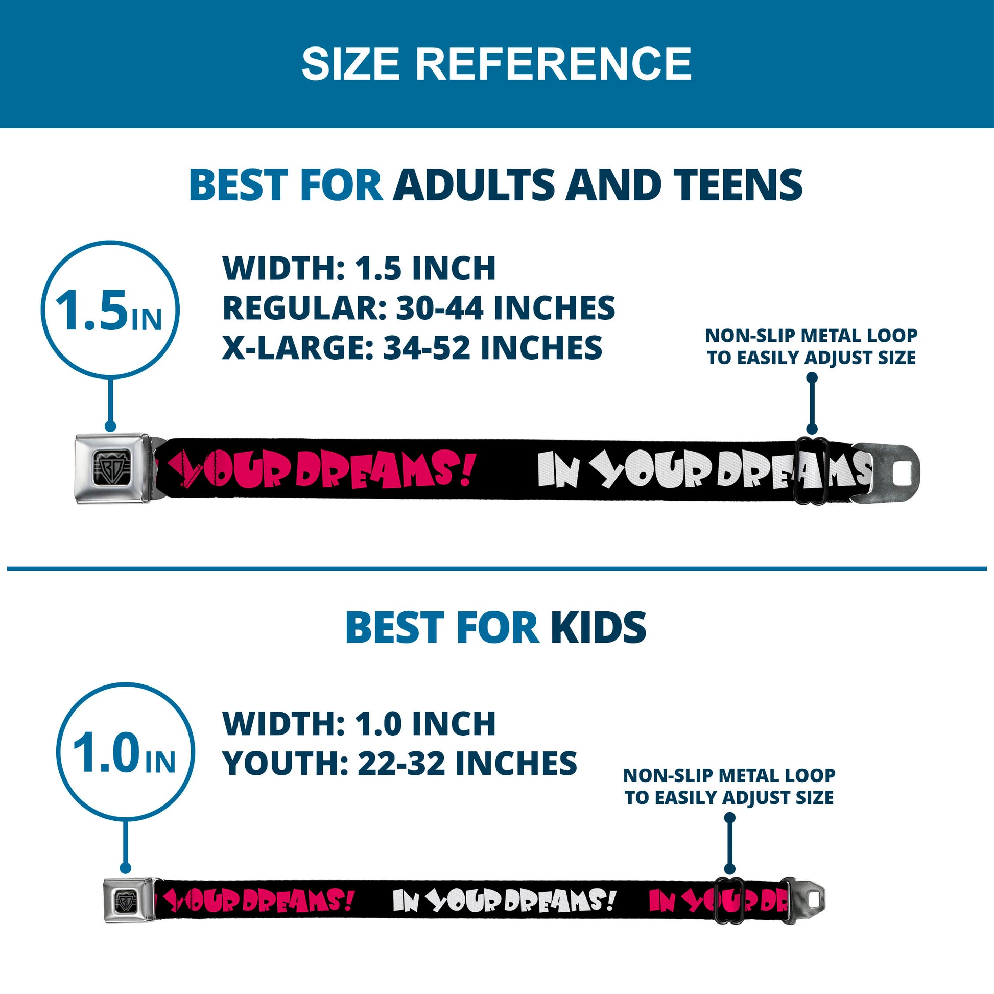 BD Wings Logo CLOSE-UP Full Color Black Silver Seatbelt Belt - IN YOUR DREAMS! Black/White/Pink Webbing Seatbelt Belts Buckle-Down