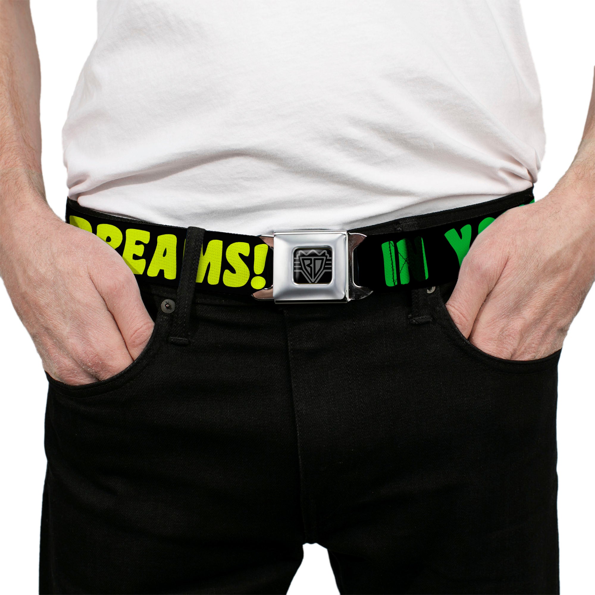 BD Wings Logo CLOSE-UP Full Color Black Silver Seatbelt Belt - IN YOUR DREAMS! Black/Pink/Green/Yellow Webbing Seatbelt Belts Buckle-Down