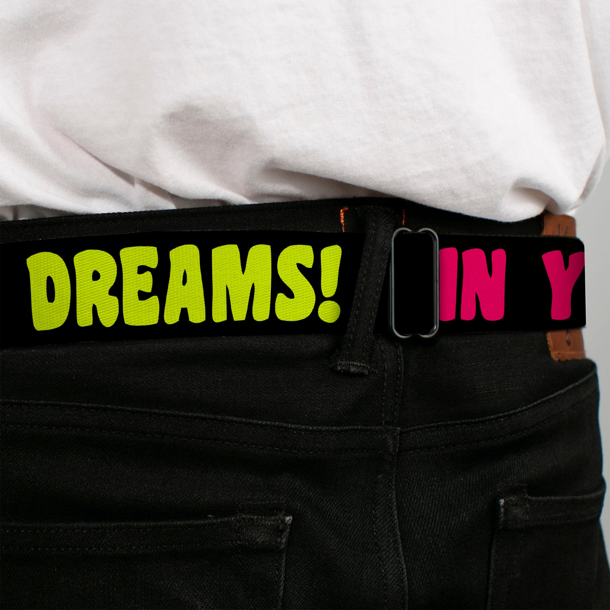 BD Wings Logo CLOSE-UP Full Color Black Silver Seatbelt Belt - IN YOUR DREAMS! Black/Pink/Green/Yellow Webbing Seatbelt Belts Buckle-Down