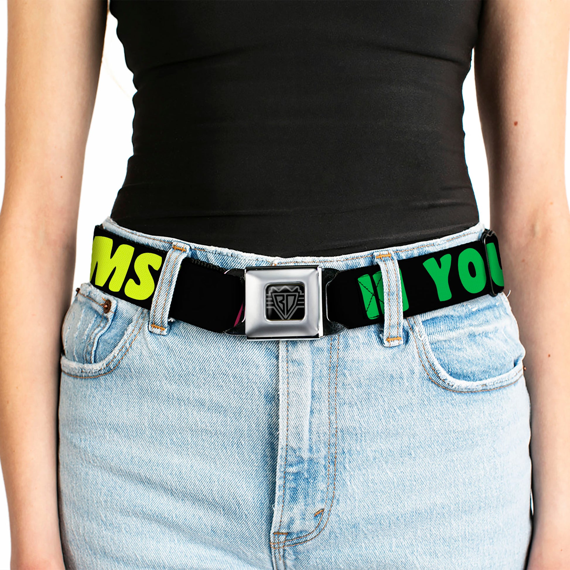 BD Wings Logo CLOSE-UP Full Color Black Silver Seatbelt Belt - IN YOUR DREAMS! Black/Pink/Green/Yellow Webbing Seatbelt Belts Buckle-Down