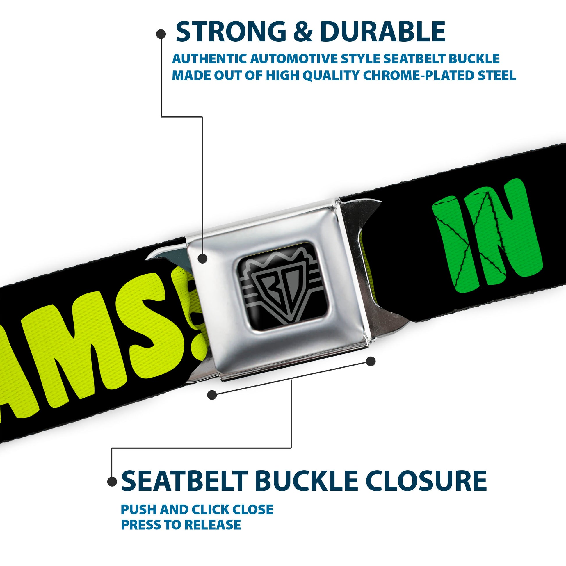 BD Wings Logo CLOSE-UP Full Color Black Silver Seatbelt Belt - IN YOUR DREAMS! Black/Pink/Green/Yellow Webbing Seatbelt Belts Buckle-Down