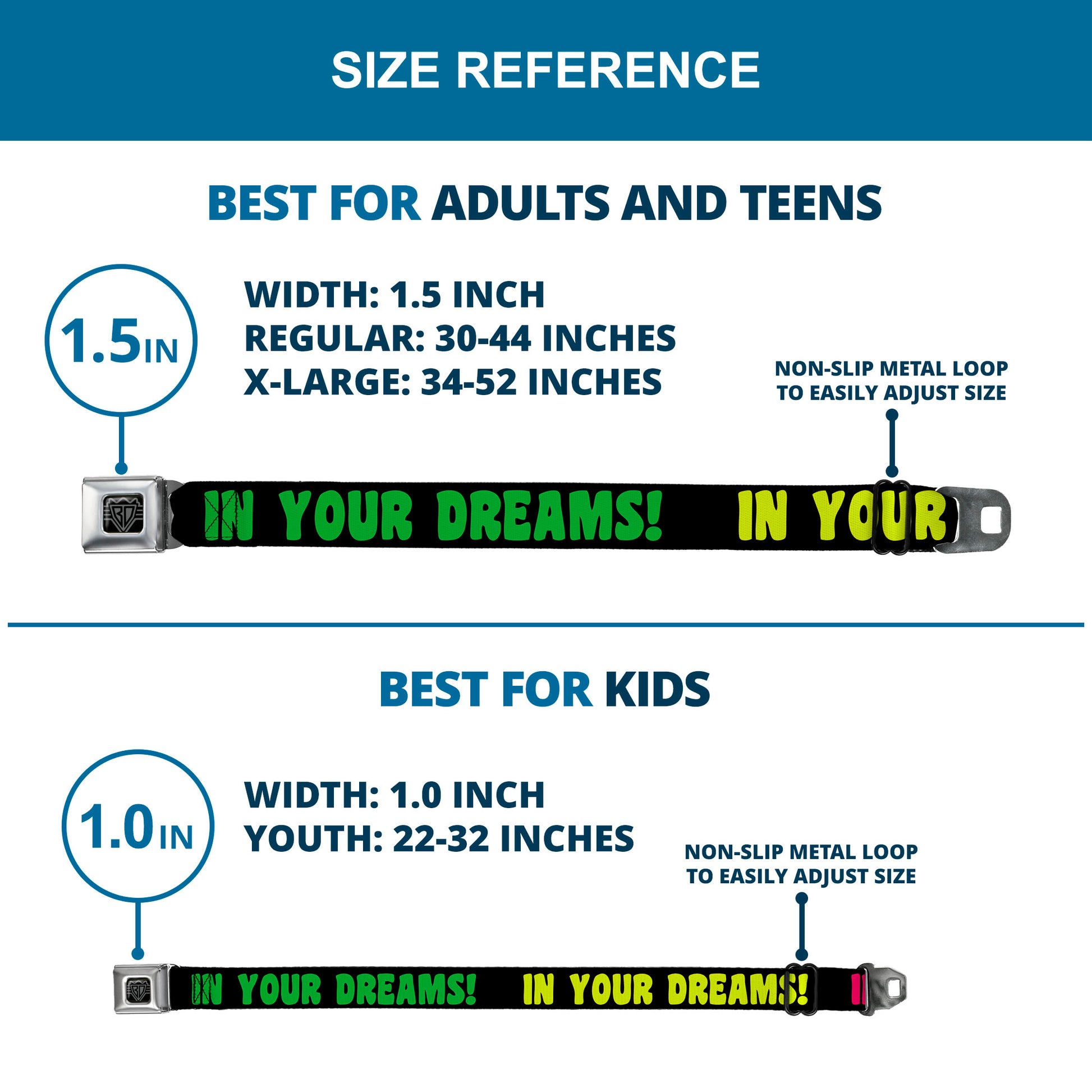 BD Wings Logo CLOSE-UP Full Color Black Silver Seatbelt Belt - IN YOUR DREAMS! Black/Pink/Green/Yellow Webbing Seatbelt Belts Buckle-Down