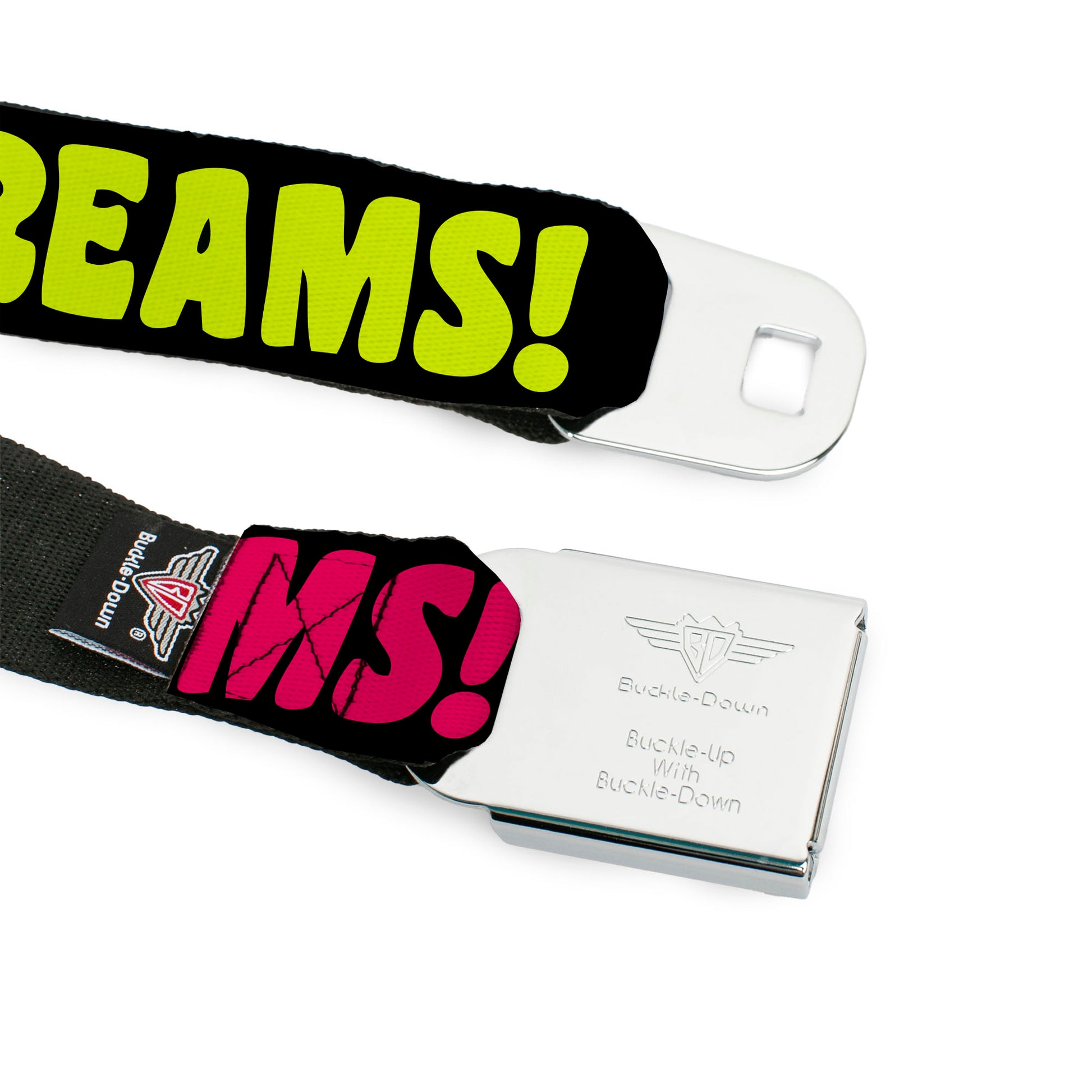 BD Wings Logo CLOSE-UP Full Color Black Silver Seatbelt Belt - IN YOUR DREAMS! Black/Pink/Green/Yellow Webbing Seatbelt Belts Buckle-Down