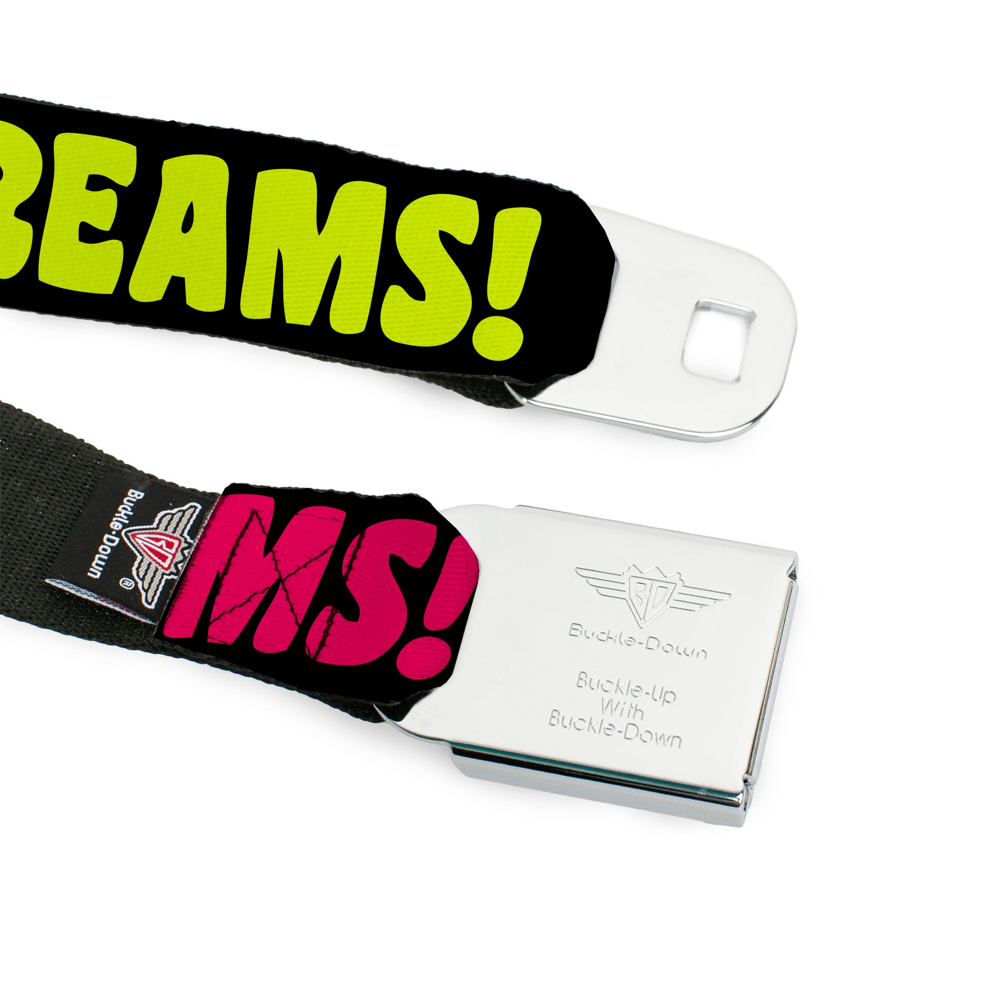 BD Wings Logo CLOSE-UP Full Color Black Silver Seatbelt Belt - IN YOUR DREAMS! Black/Pink/Green/Yellow Webbing Seatbelt Belts Buckle-Down