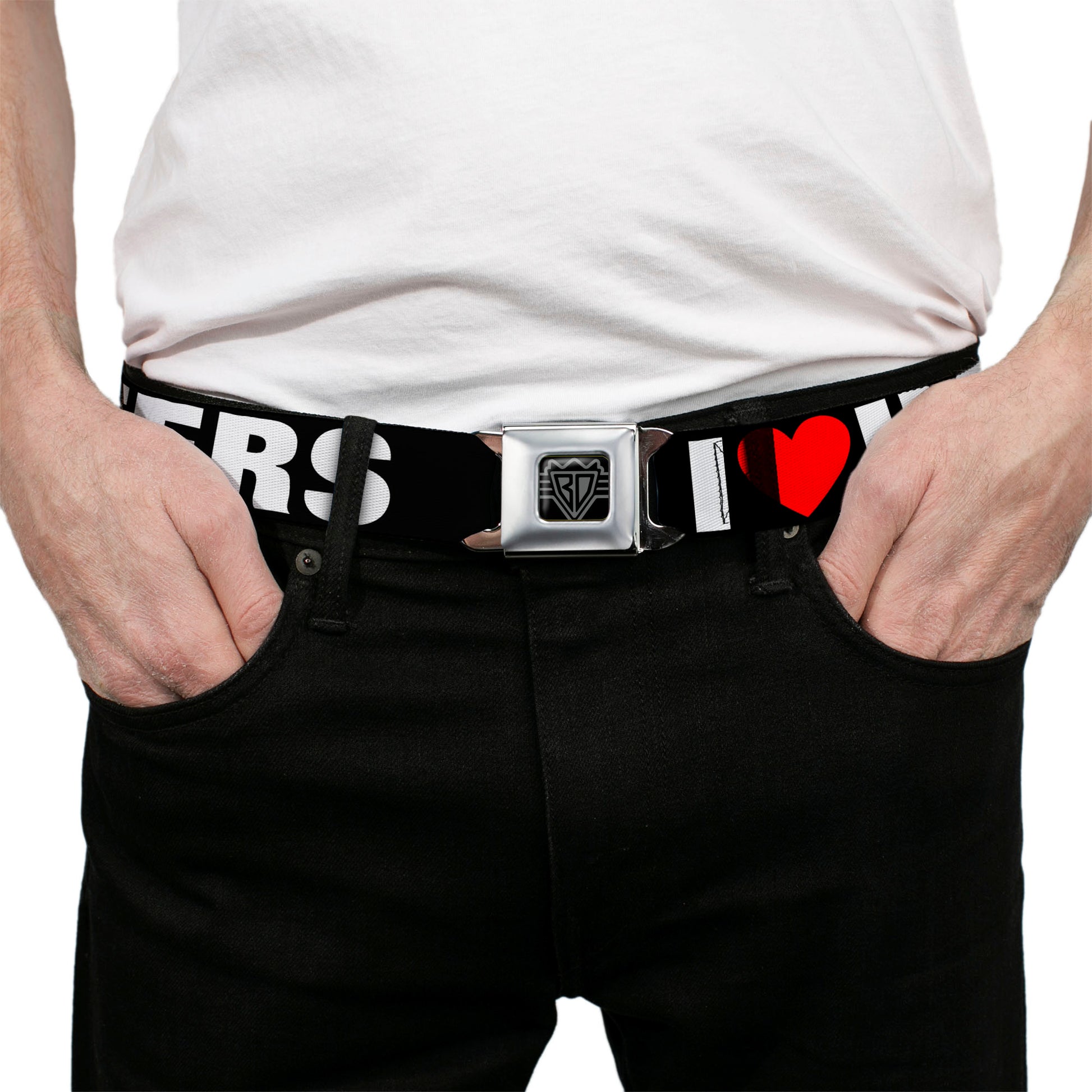 BD Wings Logo CLOSE-UP Full Color Black Silver Seatbelt Belt - I "Heart" HATERS Black/White/Red Webbing Seatbelt Belts Buckle-Down
