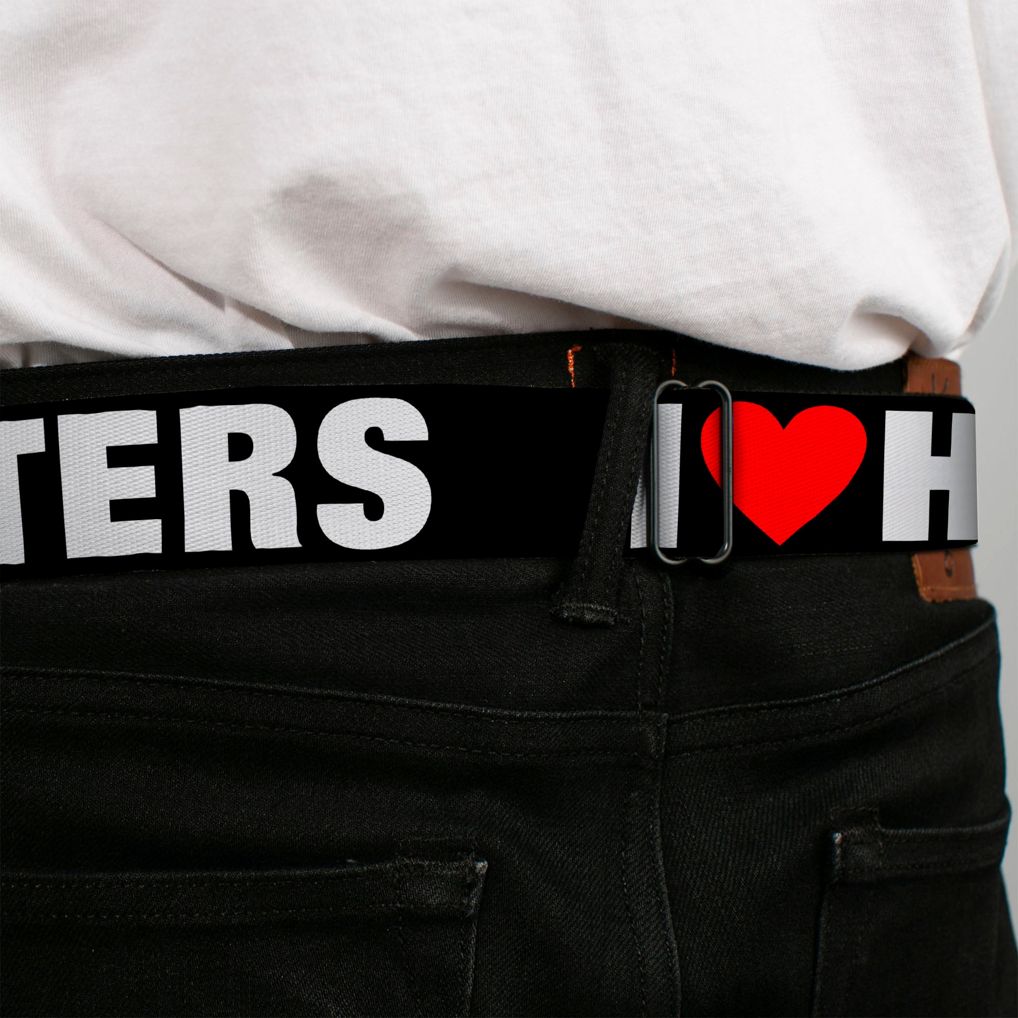 BD Wings Logo CLOSE-UP Full Color Black Silver Seatbelt Belt - I "Heart" HATERS Black/White/Red Webbing Seatbelt Belts Buckle-Down