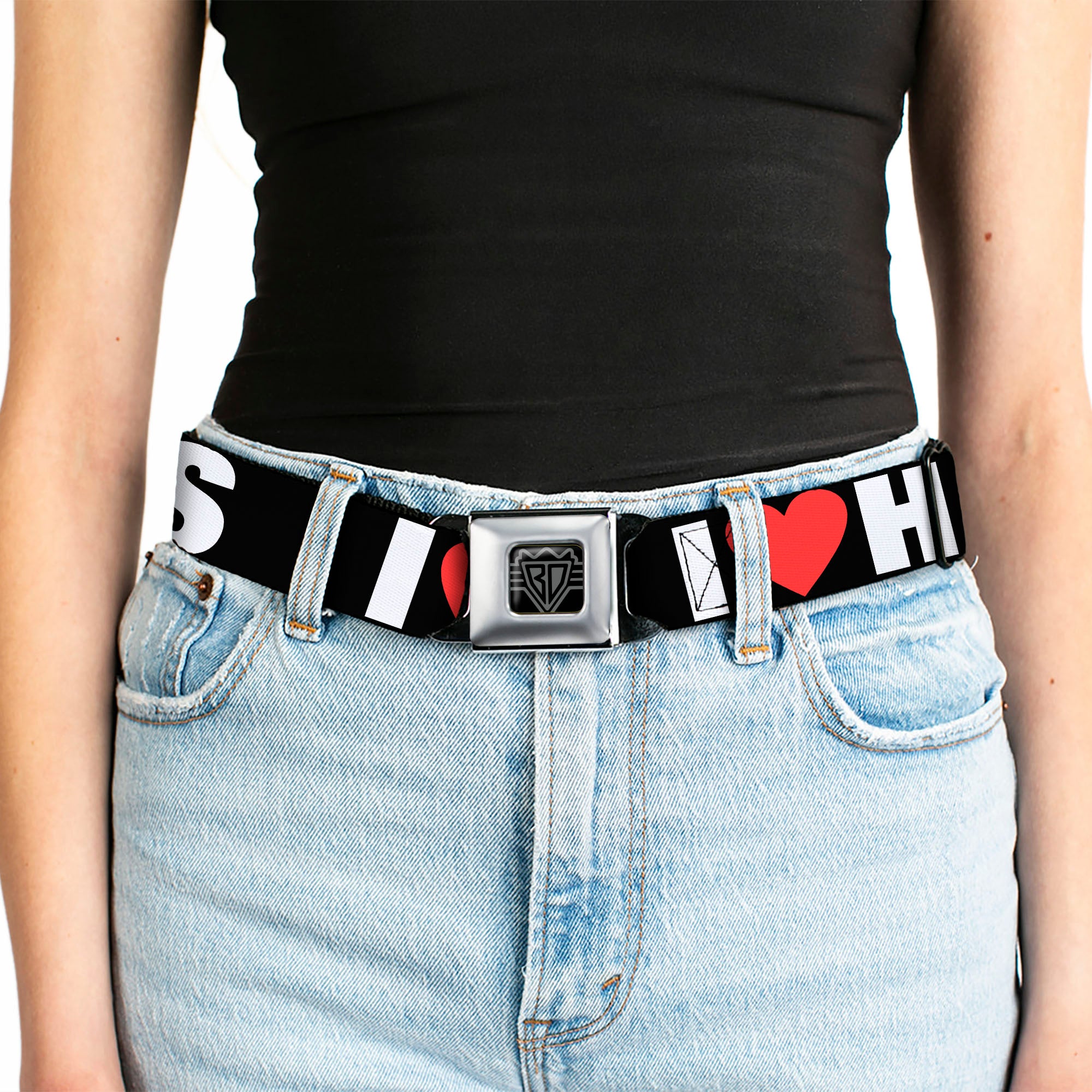 BD Wings Logo CLOSE-UP Full Color Black Silver Seatbelt Belt - I "Heart" HATERS Black/White/Red Webbing Seatbelt Belts Buckle-Down