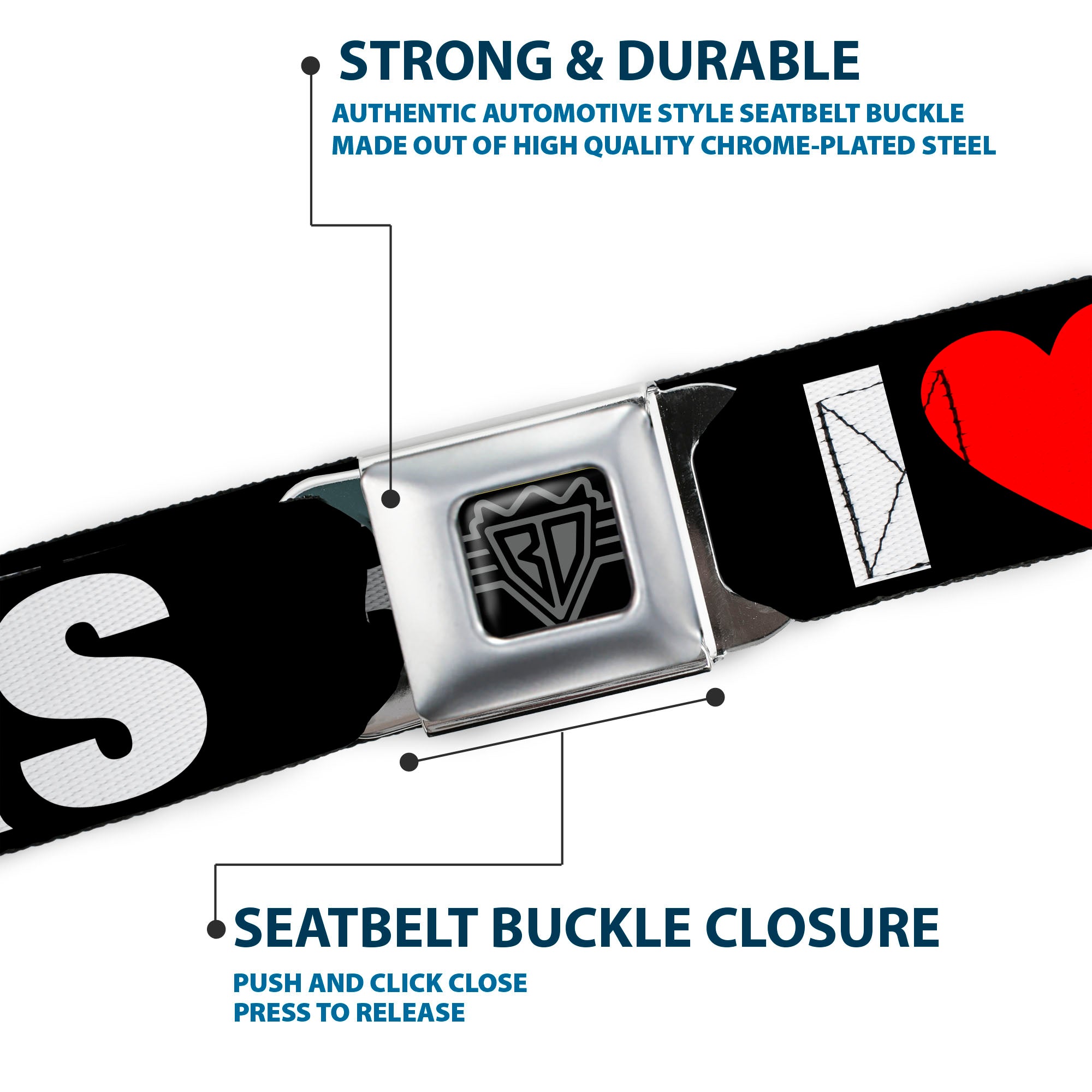 BD Wings Logo CLOSE-UP Full Color Black Silver Seatbelt Belt - I "Heart" HATERS Black/White/Red Webbing Seatbelt Belts Buckle-Down
