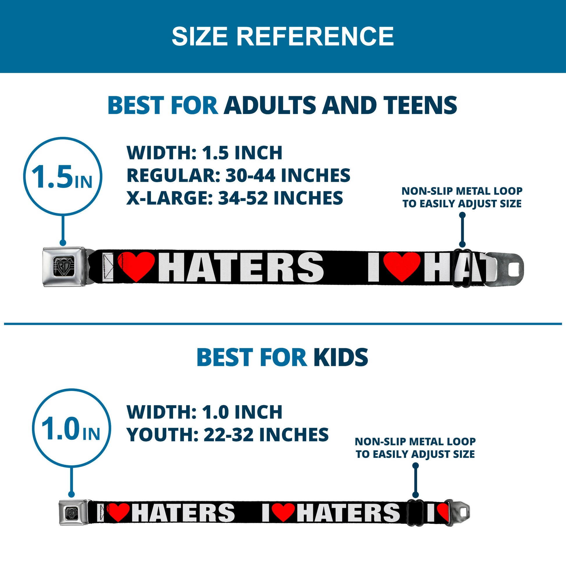 BD Wings Logo CLOSE-UP Full Color Black Silver Seatbelt Belt - I "Heart" HATERS Black/White/Red Webbing Seatbelt Belts Buckle-Down