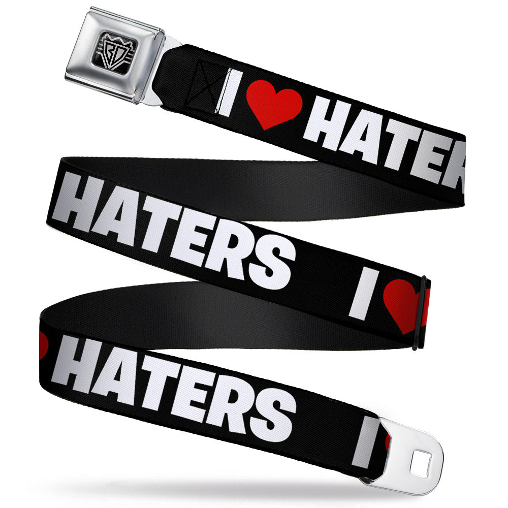 BD Wings Logo CLOSE-UP Full Color Black Silver Seatbelt Belt - I "Heart" HATERS Black/White/Red Webbing Seatbelt Belts Buckle-Down
