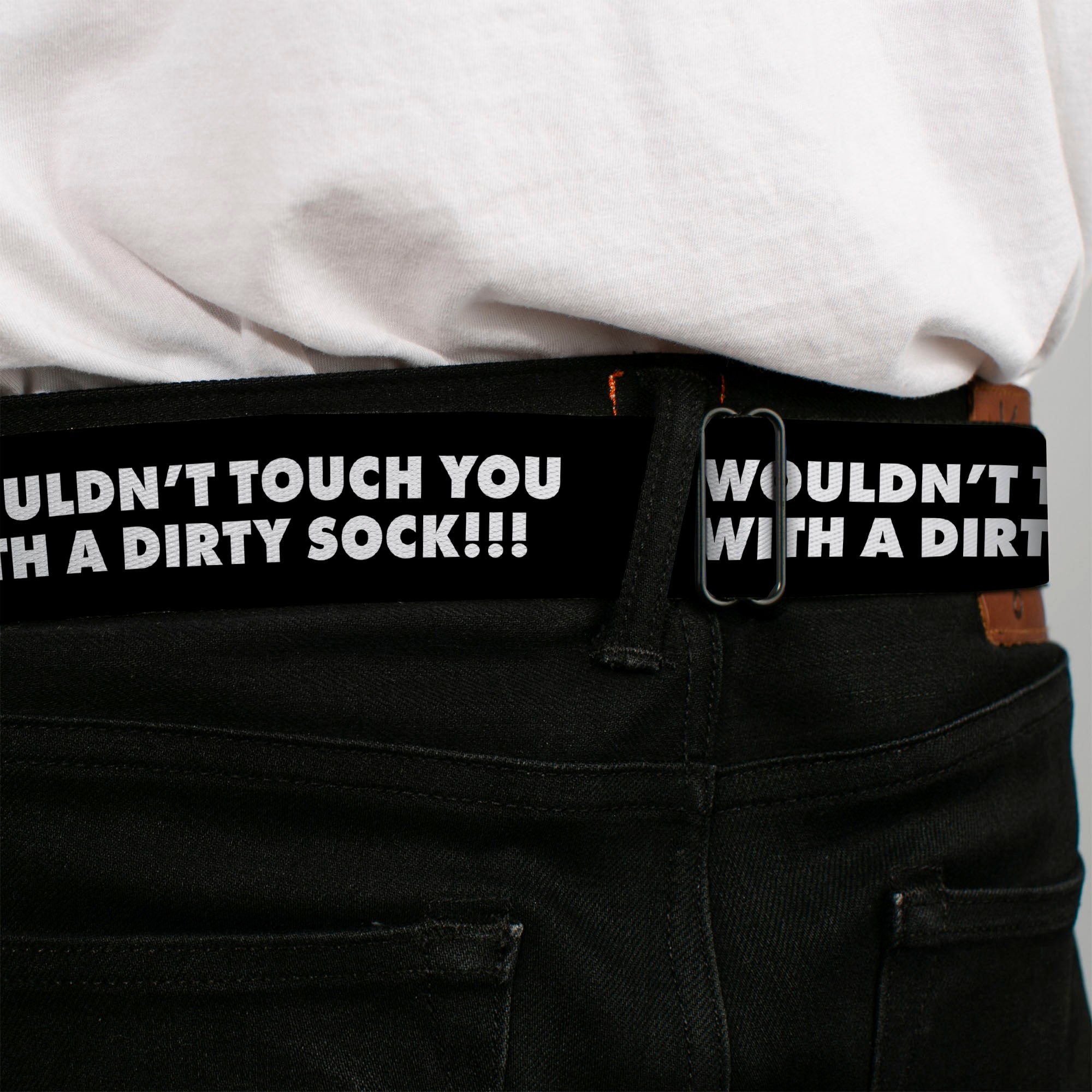 BD Wings Logo CLOSE-UP Black/Silver Seatbelt Belt - I WOULDN'T TOUCH YOU WITH A DIRTY SOCK!!! Black/White Webbing Seatbelt Belts Buckle-Down