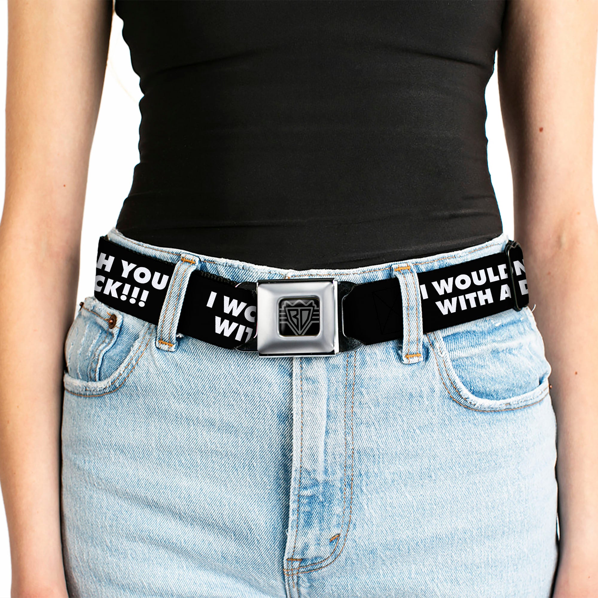 BD Wings Logo CLOSE-UP Black/Silver Seatbelt Belt - I WOULDN'T TOUCH YOU WITH A DIRTY SOCK!!! Black/White Webbing Seatbelt Belts Buckle-Down