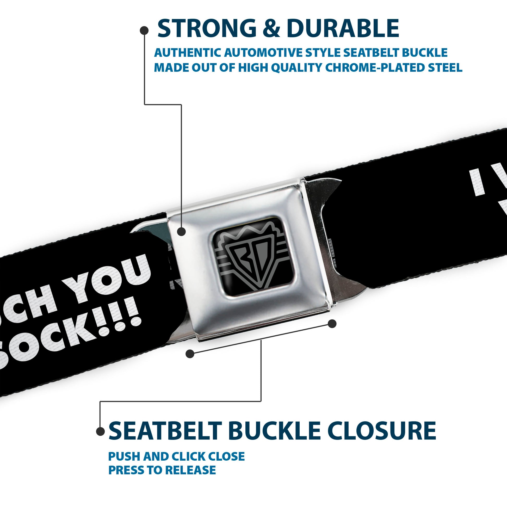 BD Wings Logo CLOSE-UP Black/Silver Seatbelt Belt - I WOULDN'T TOUCH YOU WITH A DIRTY SOCK!!! Black/White Webbing Seatbelt Belts Buckle-Down