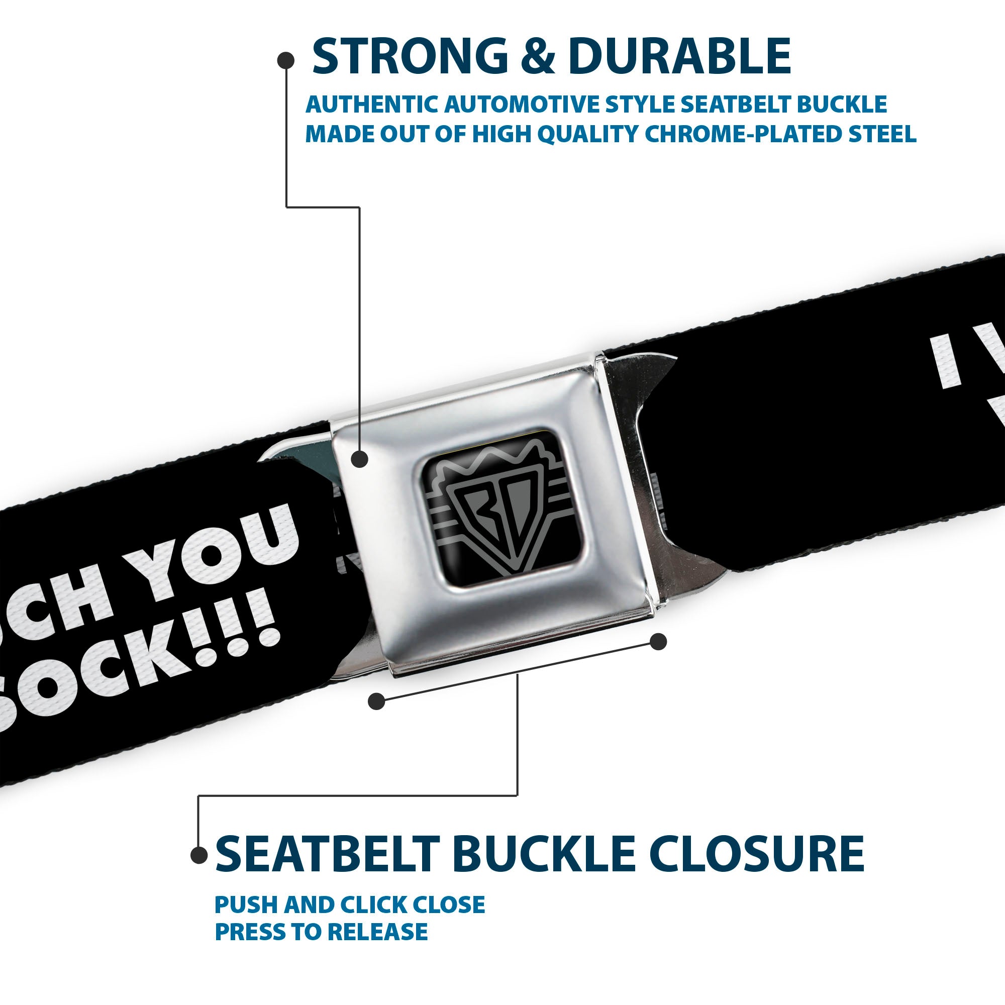 BD Wings Logo CLOSE-UP Black/Silver Seatbelt Belt - I WOULDN'T TOUCH YOU WITH A DIRTY SOCK!!! Black/White Webbing Seatbelt Belts Buckle-Down