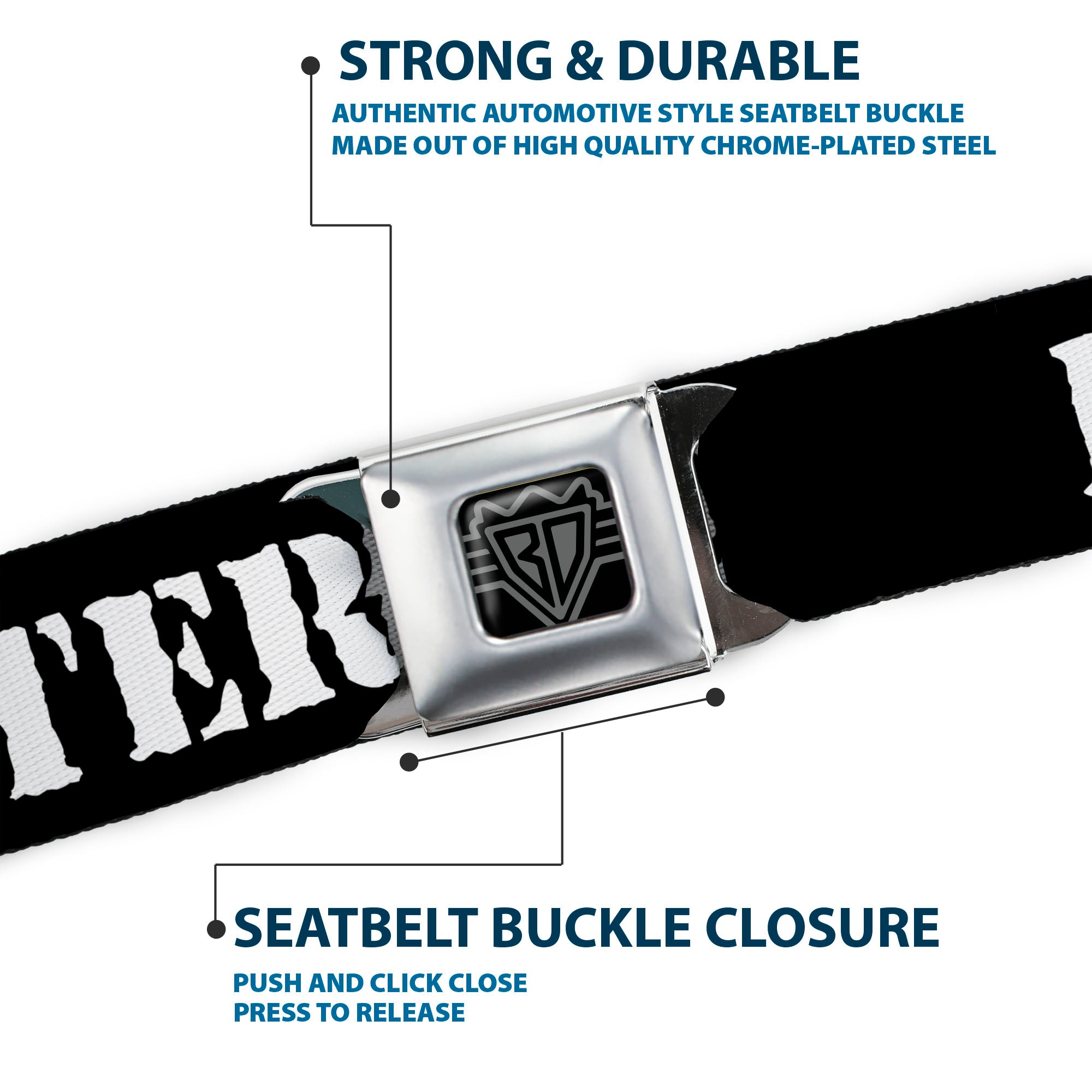 BD Wings Logo CLOSE-UP Full Color Black Silver Seatbelt Belt - I'M A FIGHTER Black/White Webbing Seatbelt Belts Buckle-Down