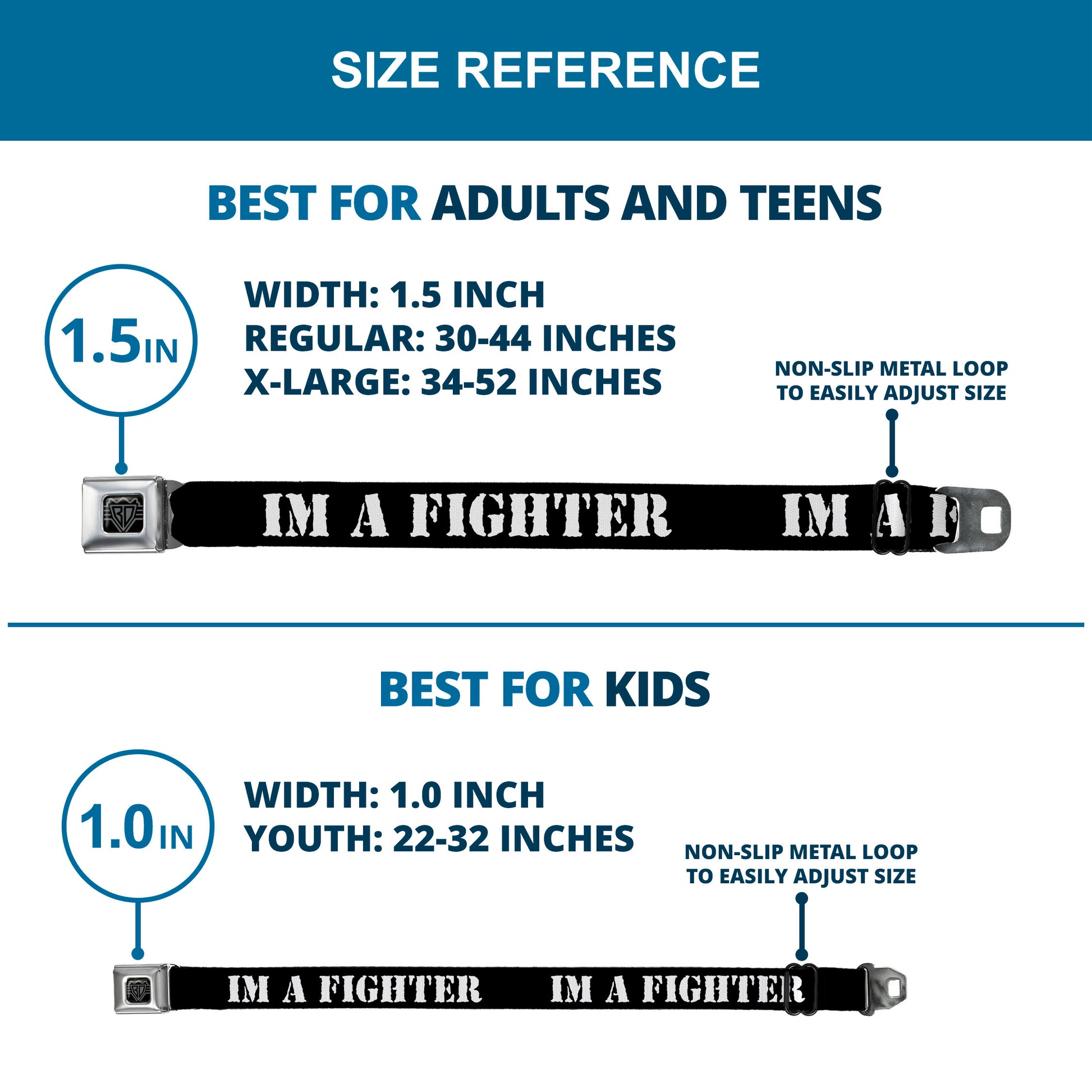 BD Wings Logo CLOSE-UP Full Color Black Silver Seatbelt Belt - I'M A FIGHTER Black/White Webbing Seatbelt Belts Buckle-Down