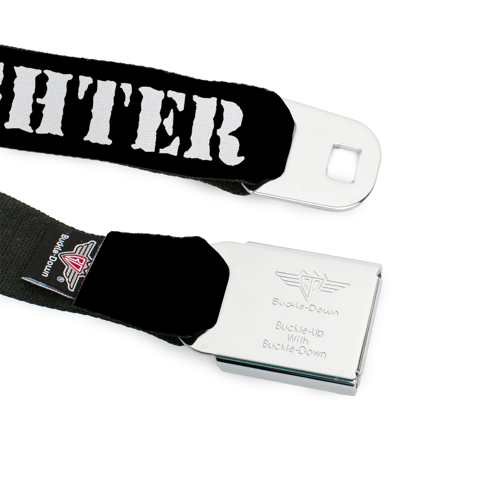 BD Wings Logo CLOSE-UP Full Color Black Silver Seatbelt Belt - I'M A FIGHTER Black/White Webbing Seatbelt Belts Buckle-Down