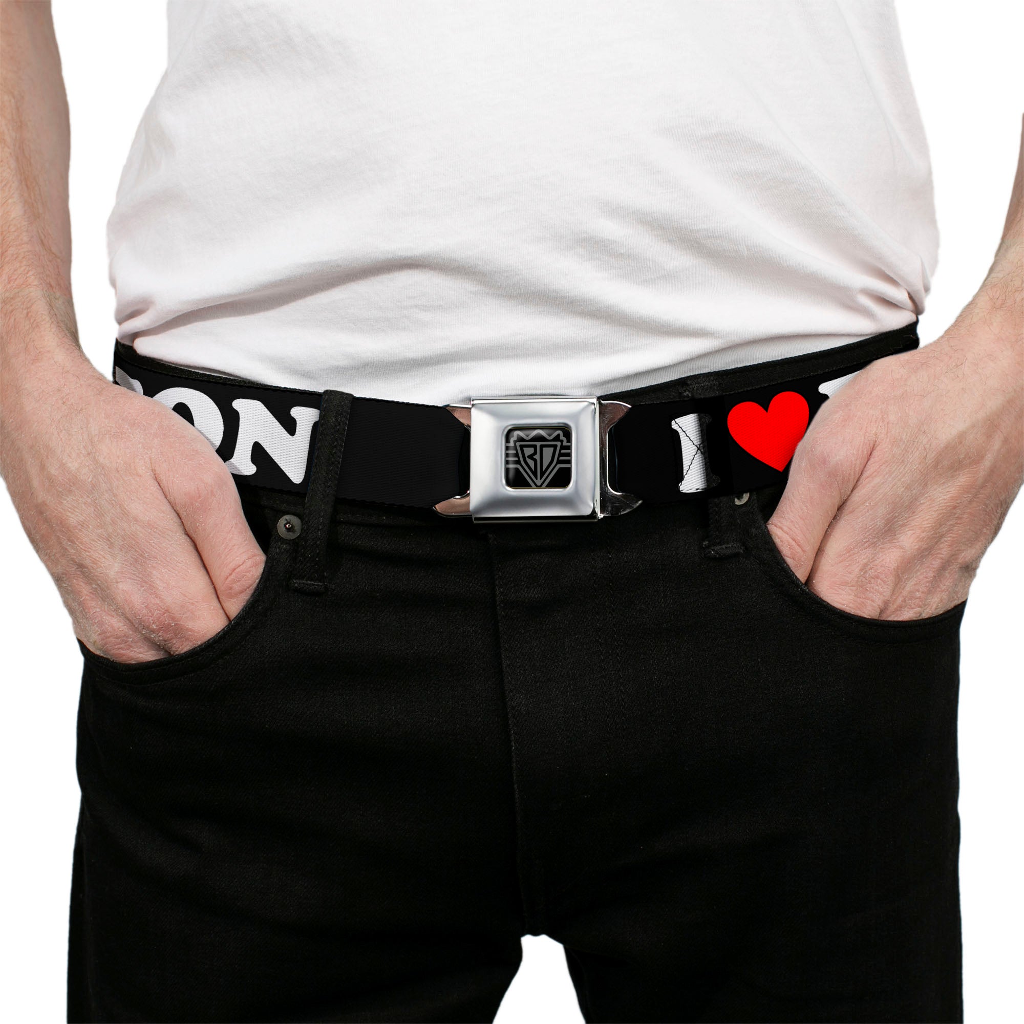 BD Wings Logo CLOSE-UP Full Color Black Silver Seatbelt Belt - I "HEART" BACON Black/White/Red Webbing Seatbelt Belts Buckle-Down