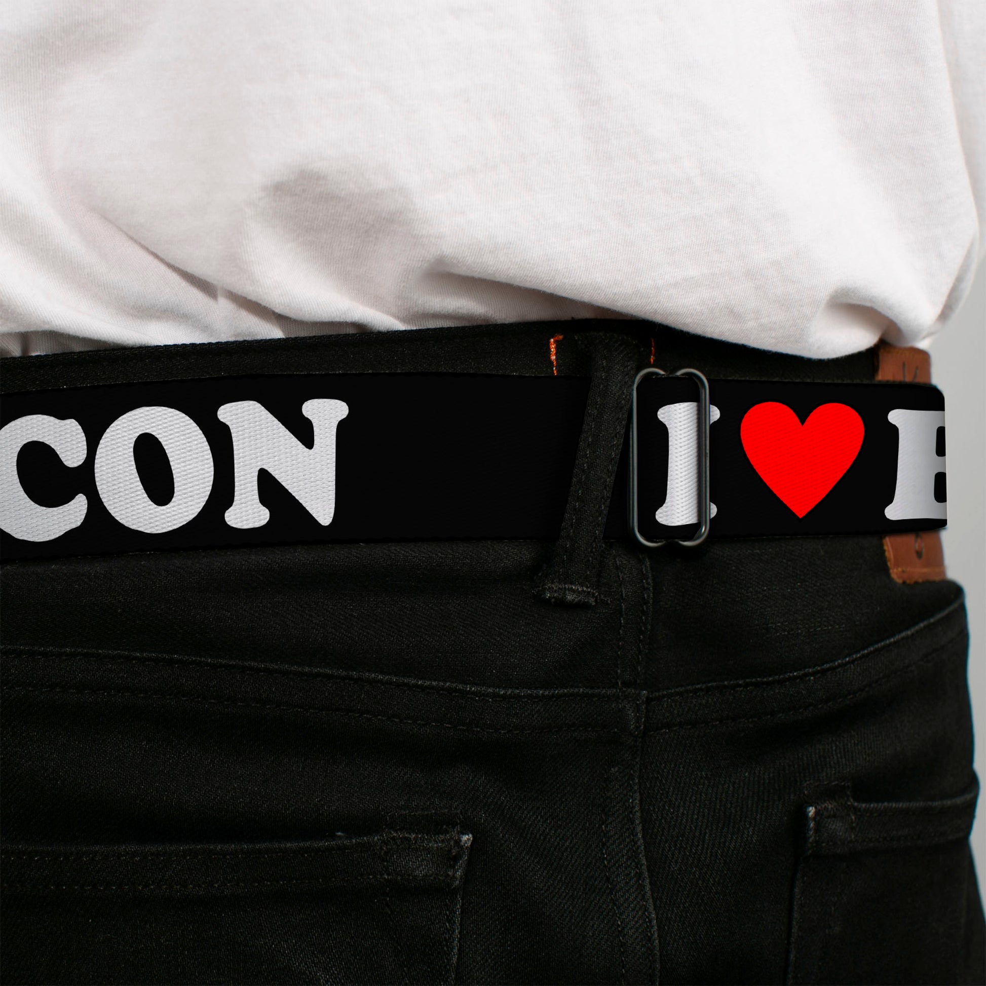 BD Wings Logo CLOSE-UP Full Color Black Silver Seatbelt Belt - I "HEART" BACON Black/White/Red Webbing Seatbelt Belts Buckle-Down