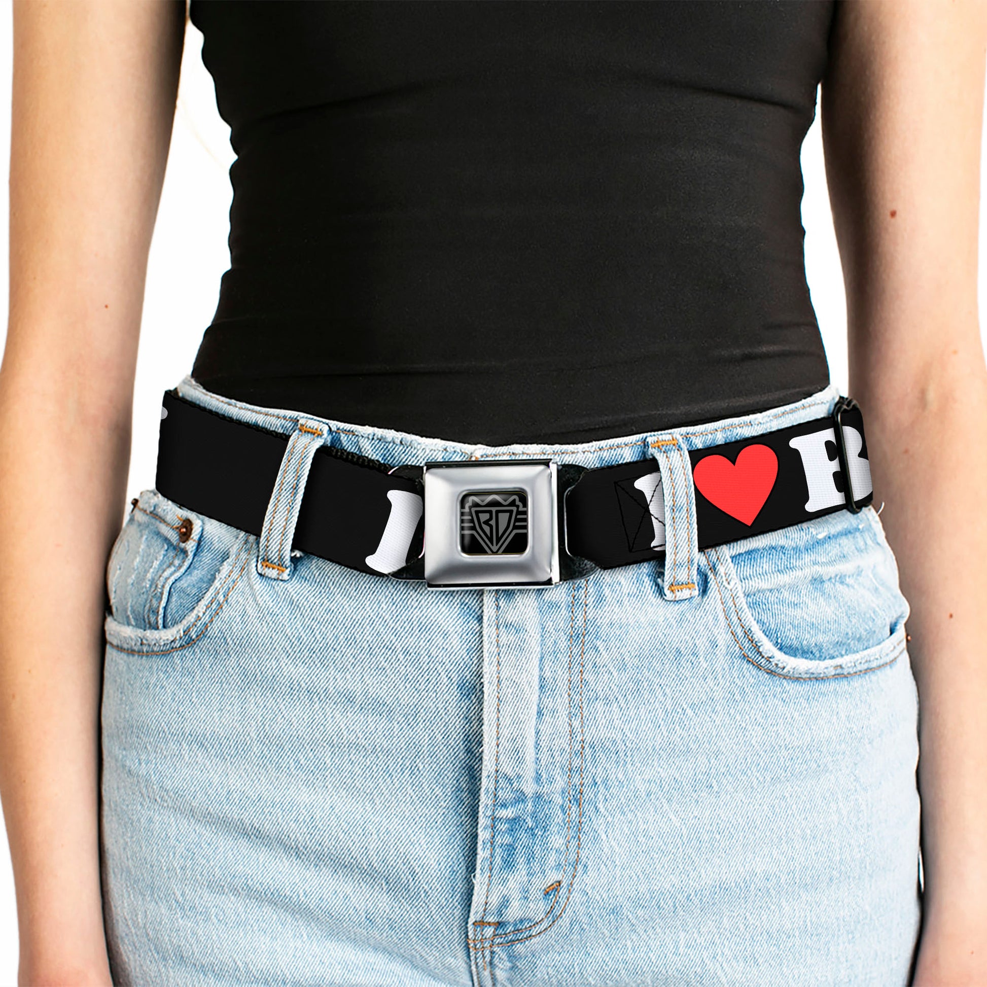 BD Wings Logo CLOSE-UP Full Color Black Silver Seatbelt Belt - I "HEART" BACON Black/White/Red Webbing Seatbelt Belts Buckle-Down