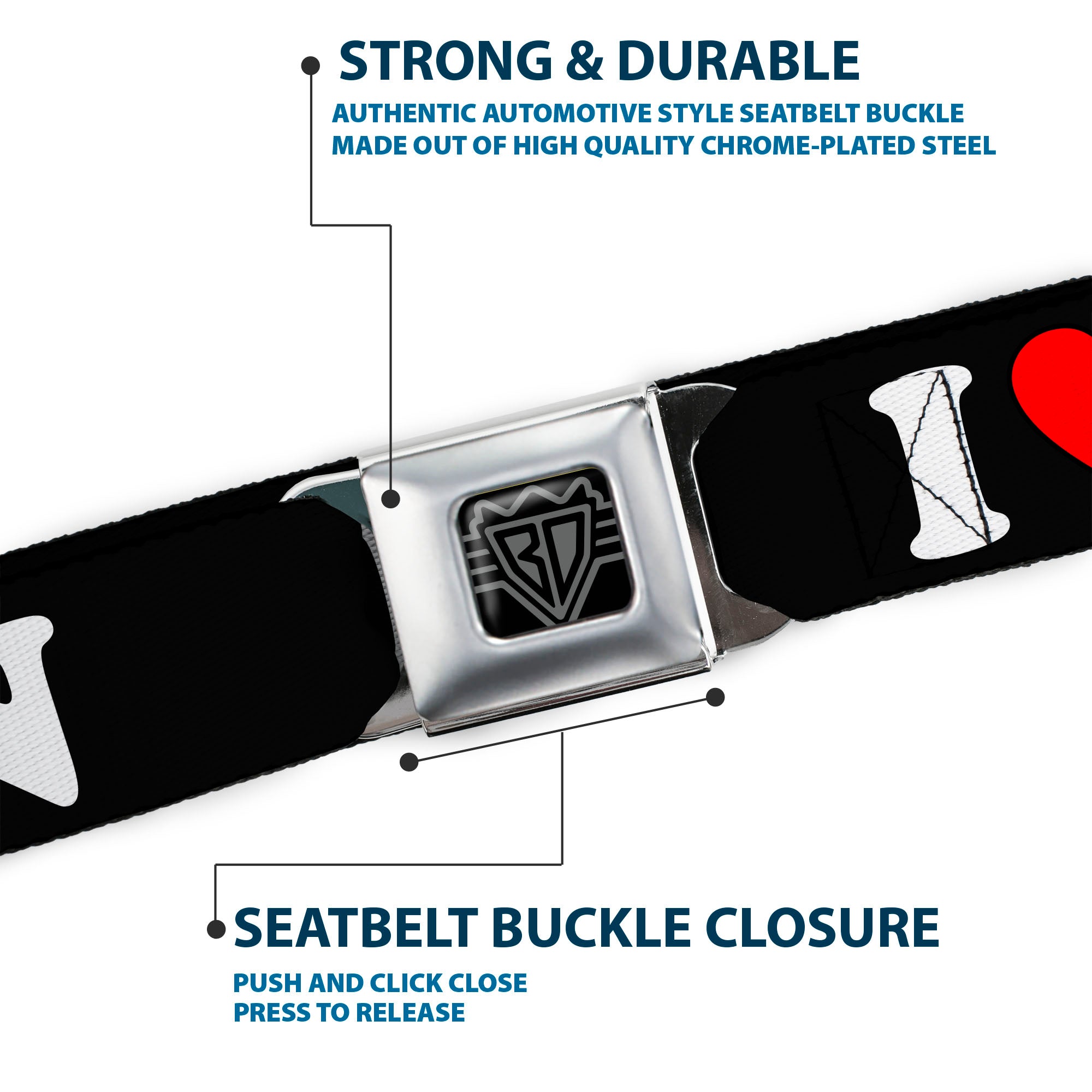 BD Wings Logo CLOSE-UP Full Color Black Silver Seatbelt Belt - I "HEART" BACON Black/White/Red Webbing Seatbelt Belts Buckle-Down
