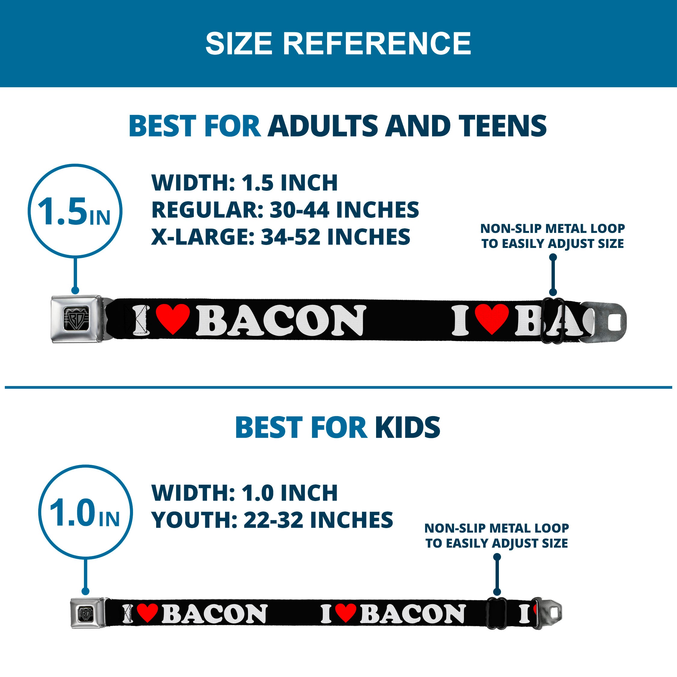 BD Wings Logo CLOSE-UP Full Color Black Silver Seatbelt Belt - I "HEART" BACON Black/White/Red Webbing Seatbelt Belts Buckle-Down