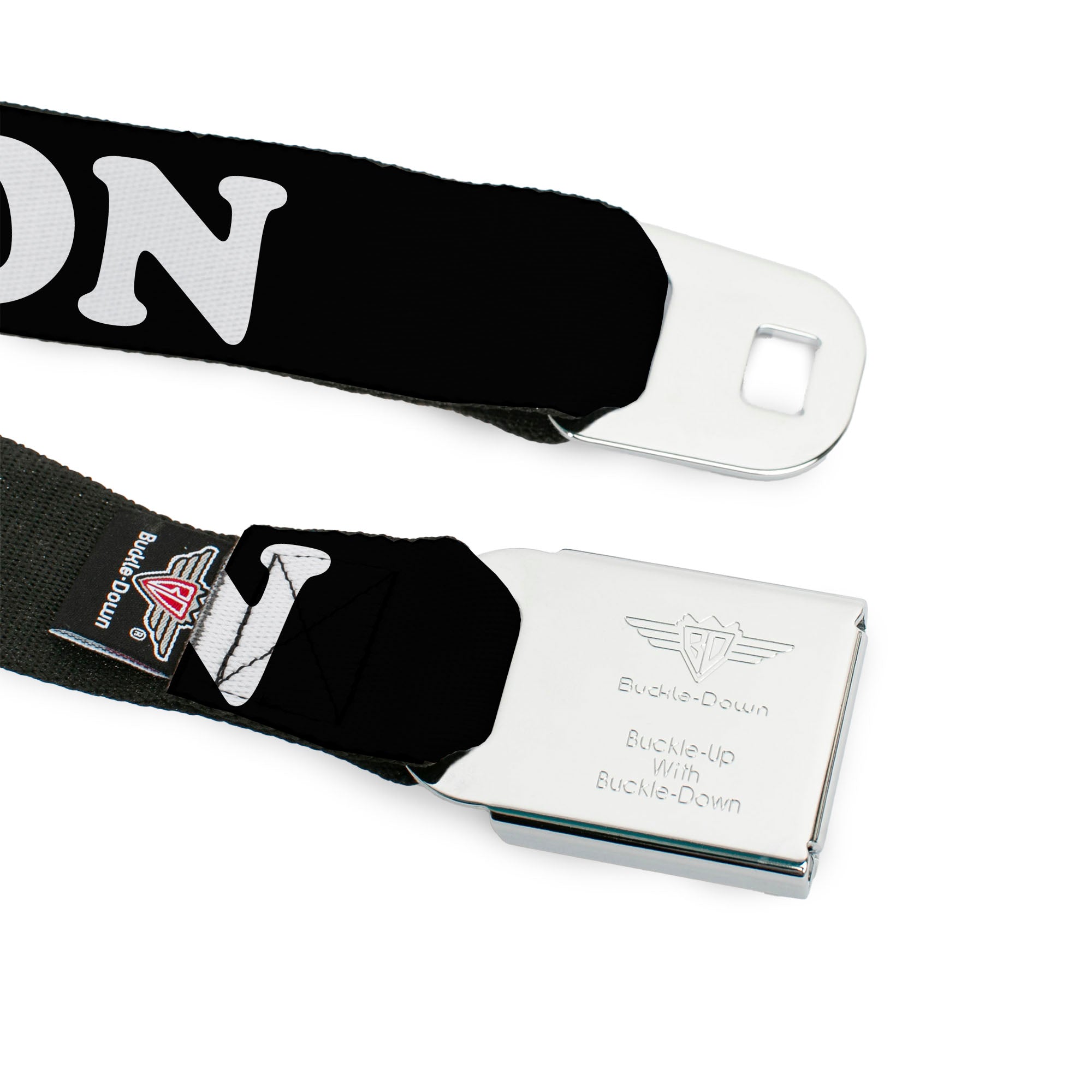 BD Wings Logo CLOSE-UP Full Color Black Silver Seatbelt Belt - I "HEART" BACON Black/White/Red Webbing Seatbelt Belts Buckle-Down