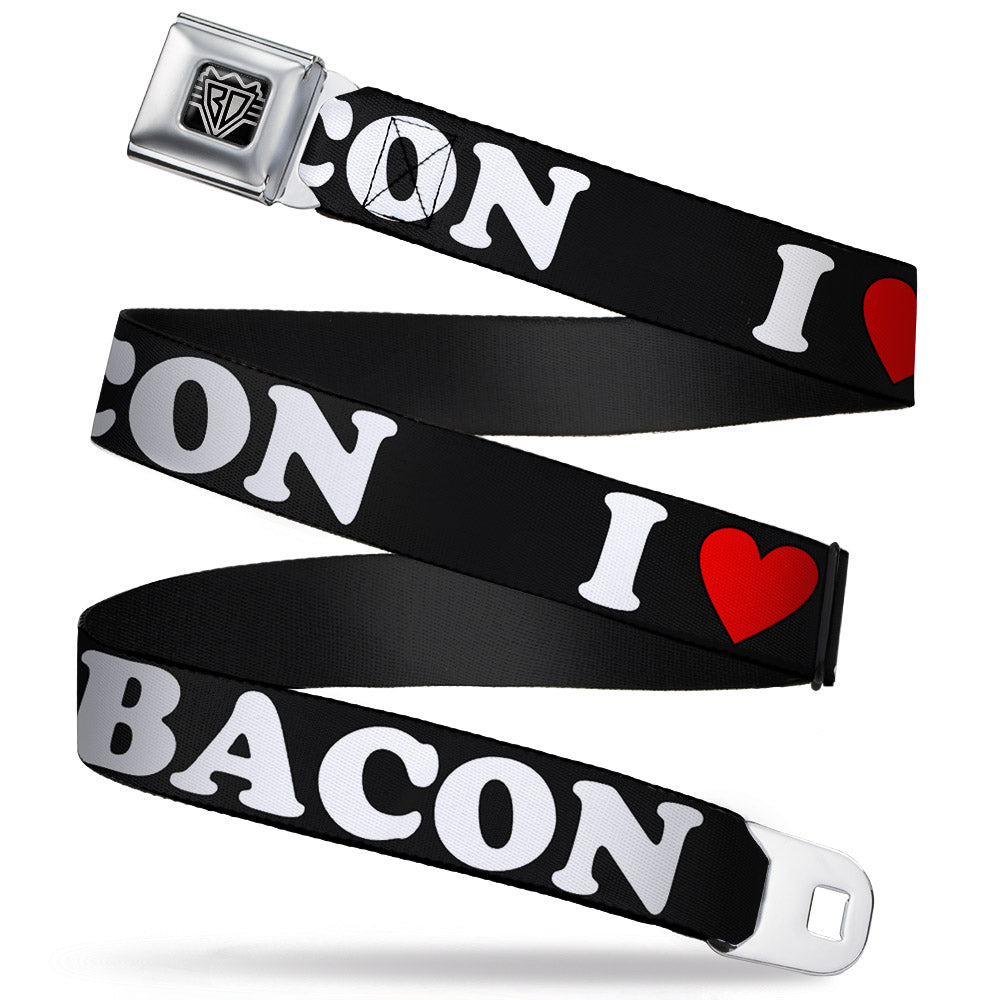 BD Wings Logo CLOSE-UP Full Color Black Silver Seatbelt Belt - I "HEART" BACON Black/White/Red Webbing Seatbelt Belts Buckle-Down