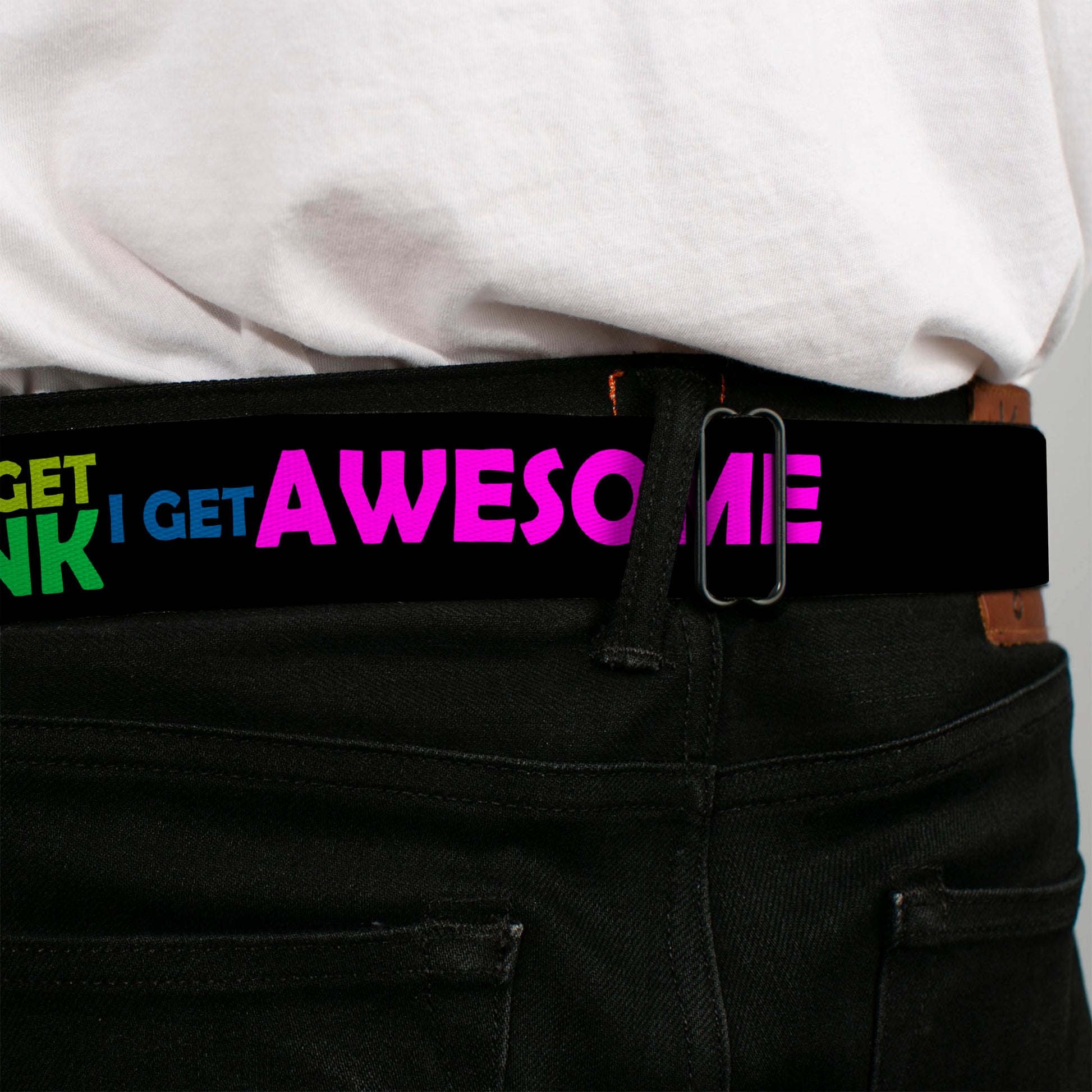 BD Wings Logo CLOSE-UP Full Color Black Silver Seatbelt Belt - I DON'T GET DRINK, I GET AWESOME Black/Multi Color Webbing Seatbelt Belts Buckle-Down