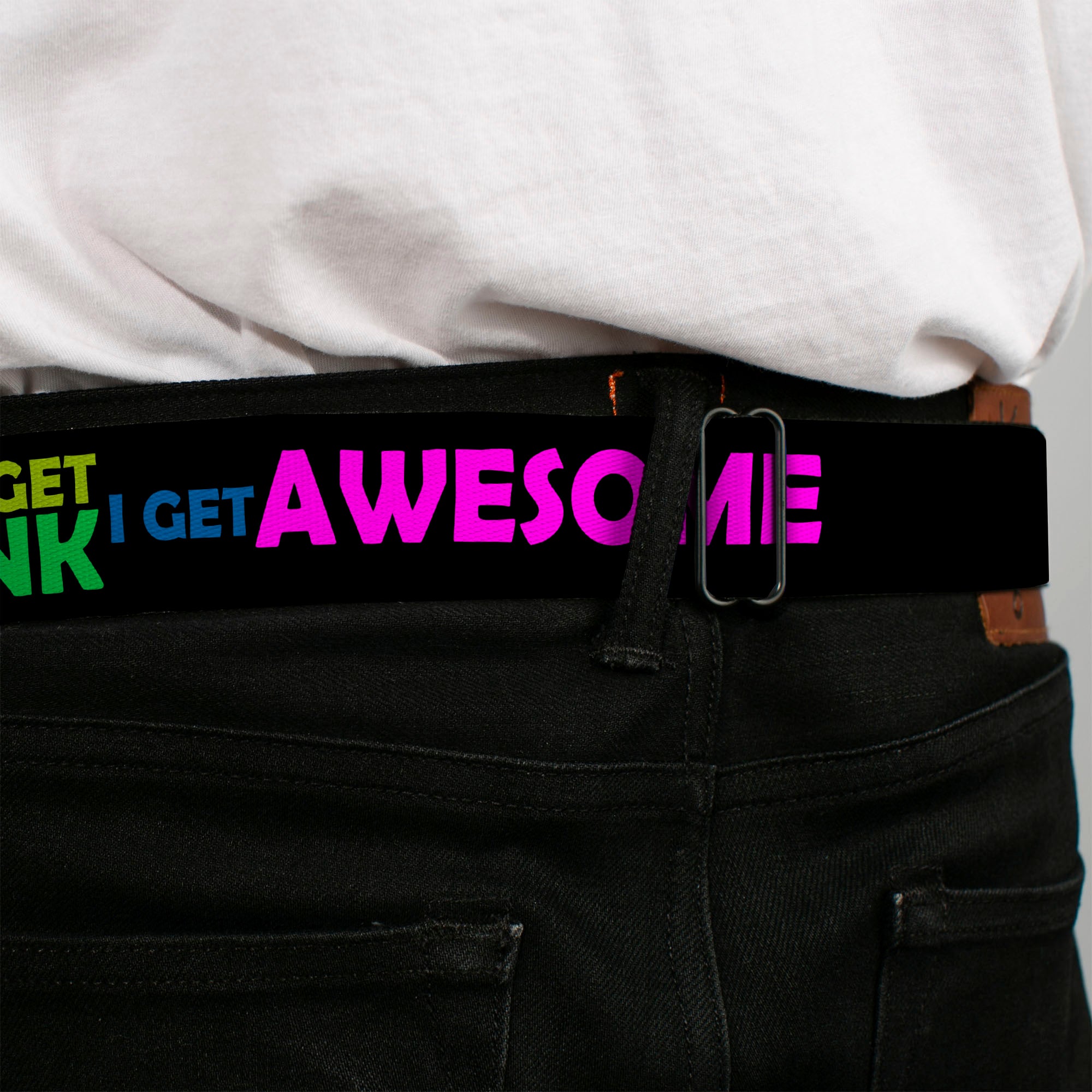 BD Wings Logo CLOSE-UP Full Color Black Silver Seatbelt Belt - I DON'T GET DRINK, I GET AWESOME Black/Multi Color Webbing Seatbelt Belts Buckle-Down