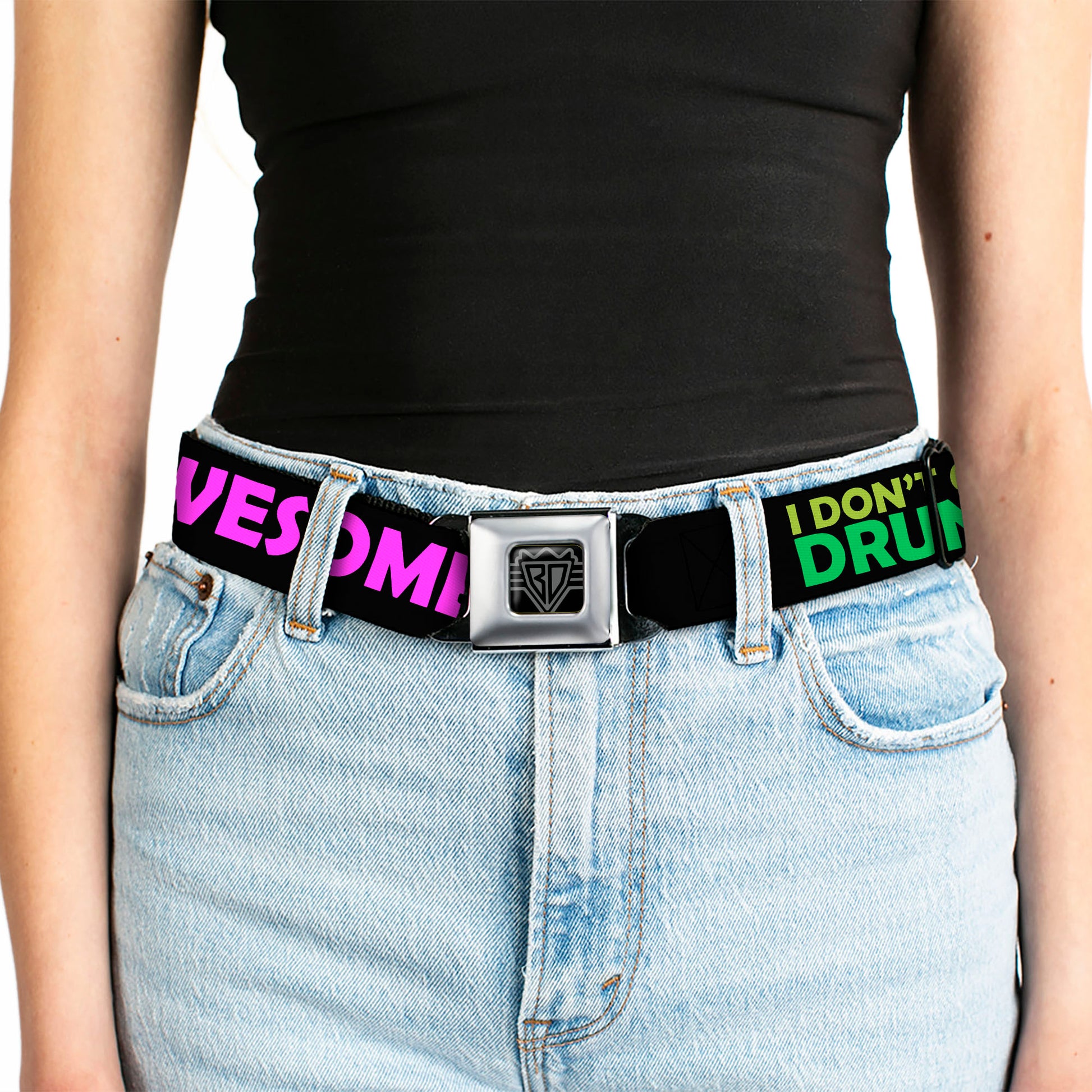 BD Wings Logo CLOSE-UP Full Color Black Silver Seatbelt Belt - I DON'T GET DRINK, I GET AWESOME Black/Multi Color Webbing Seatbelt Belts Buckle-Down