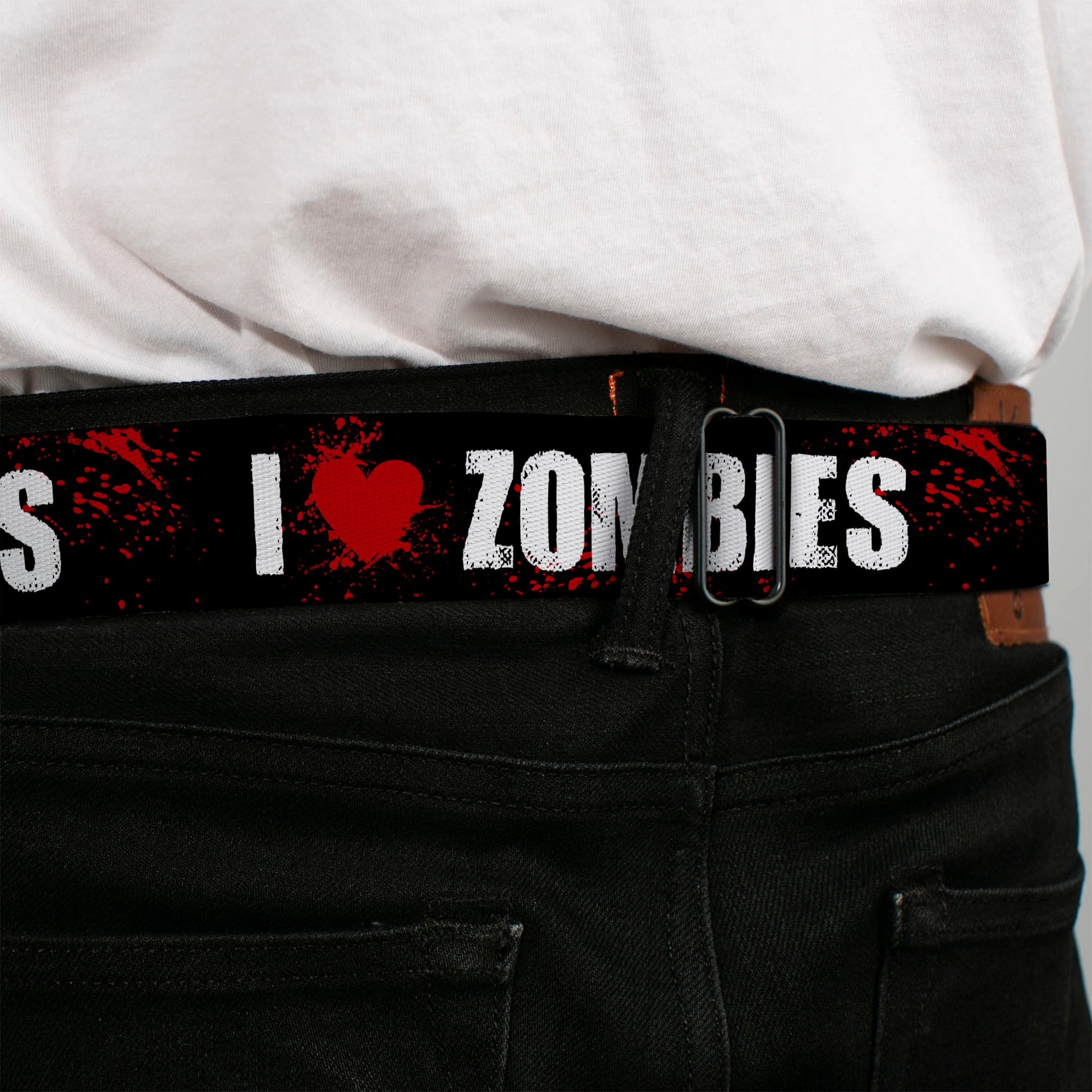 BD Wings Logo CLOSE-UP Full Color Black Silver Seatbelt Belt - I "HEART" ZOMBIES Black/White/Red Splatter Webbing Seatbelt Belts Buckle-Down