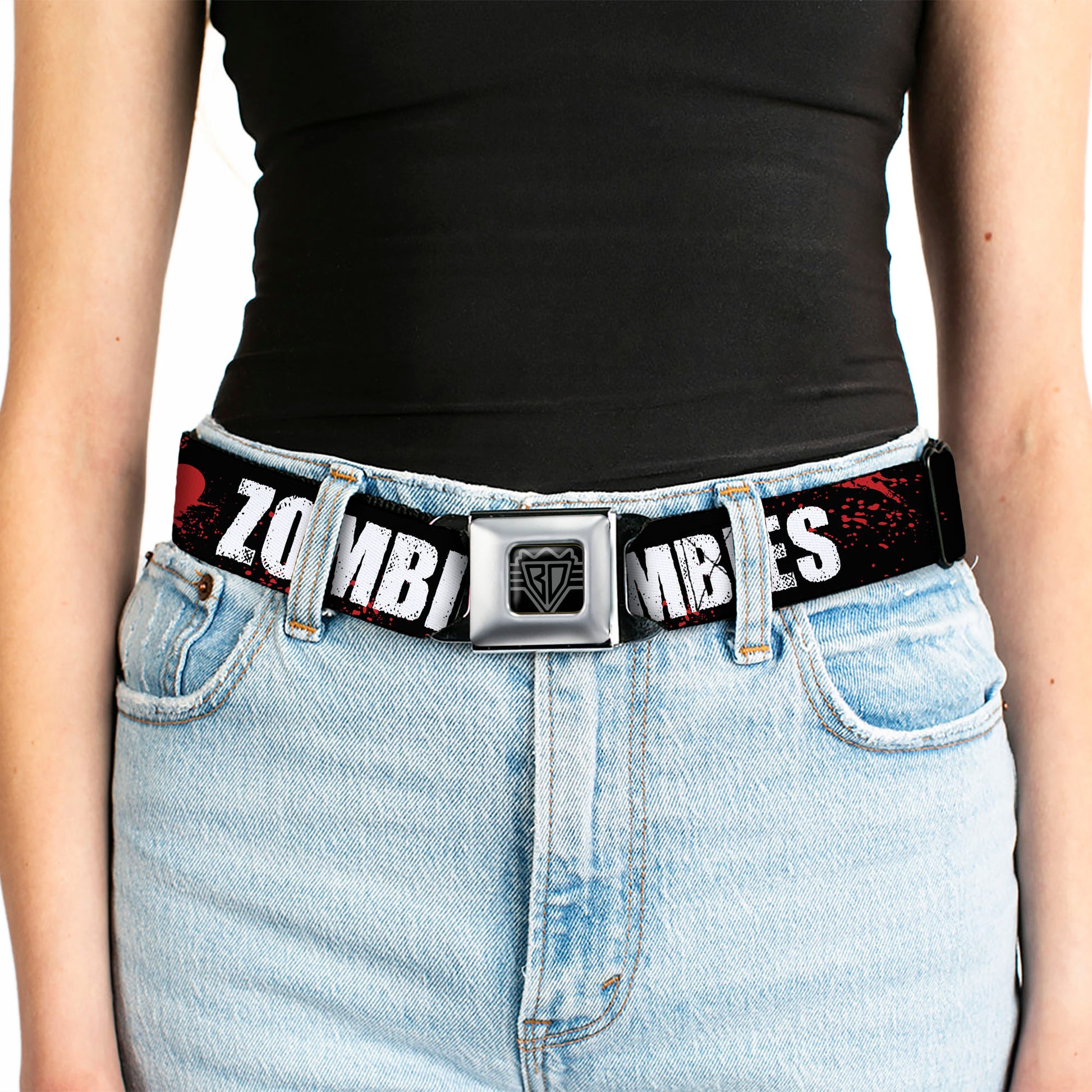 BD Wings Logo CLOSE-UP Full Color Black Silver Seatbelt Belt - I "HEART" ZOMBIES Black/White/Red Splatter Webbing Seatbelt Belts Buckle-Down