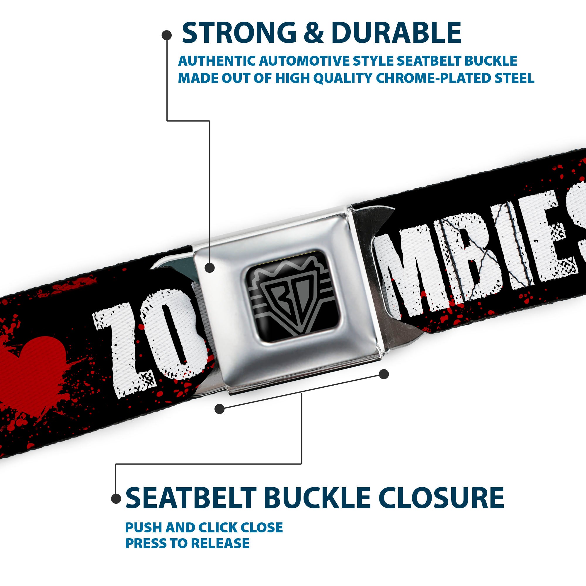 BD Wings Logo CLOSE-UP Full Color Black Silver Seatbelt Belt - I "HEART" ZOMBIES Black/White/Red Splatter Webbing Seatbelt Belts Buckle-Down