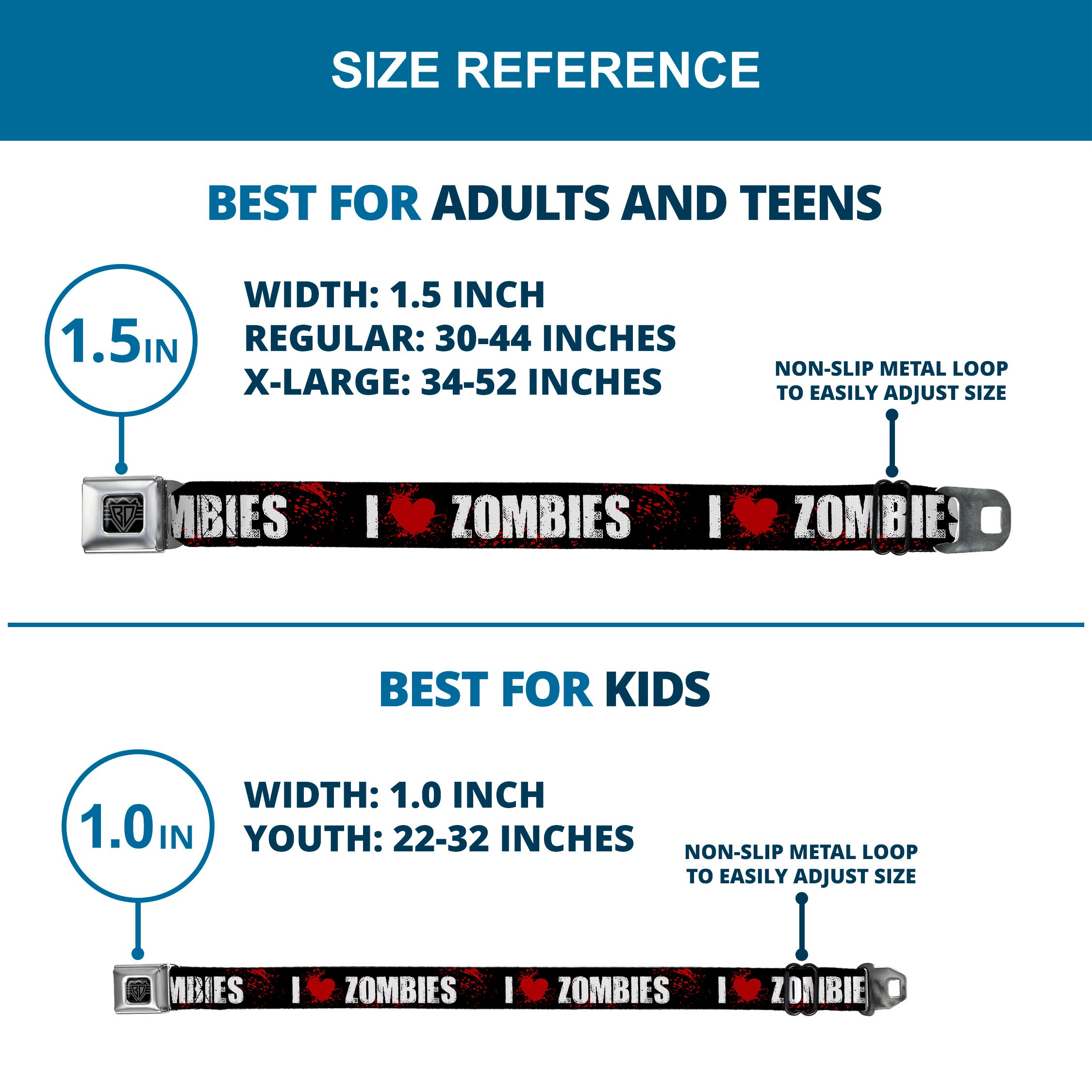 BD Wings Logo CLOSE-UP Full Color Black Silver Seatbelt Belt - I "HEART" ZOMBIES Black/White/Red Splatter Webbing Seatbelt Belts Buckle-Down