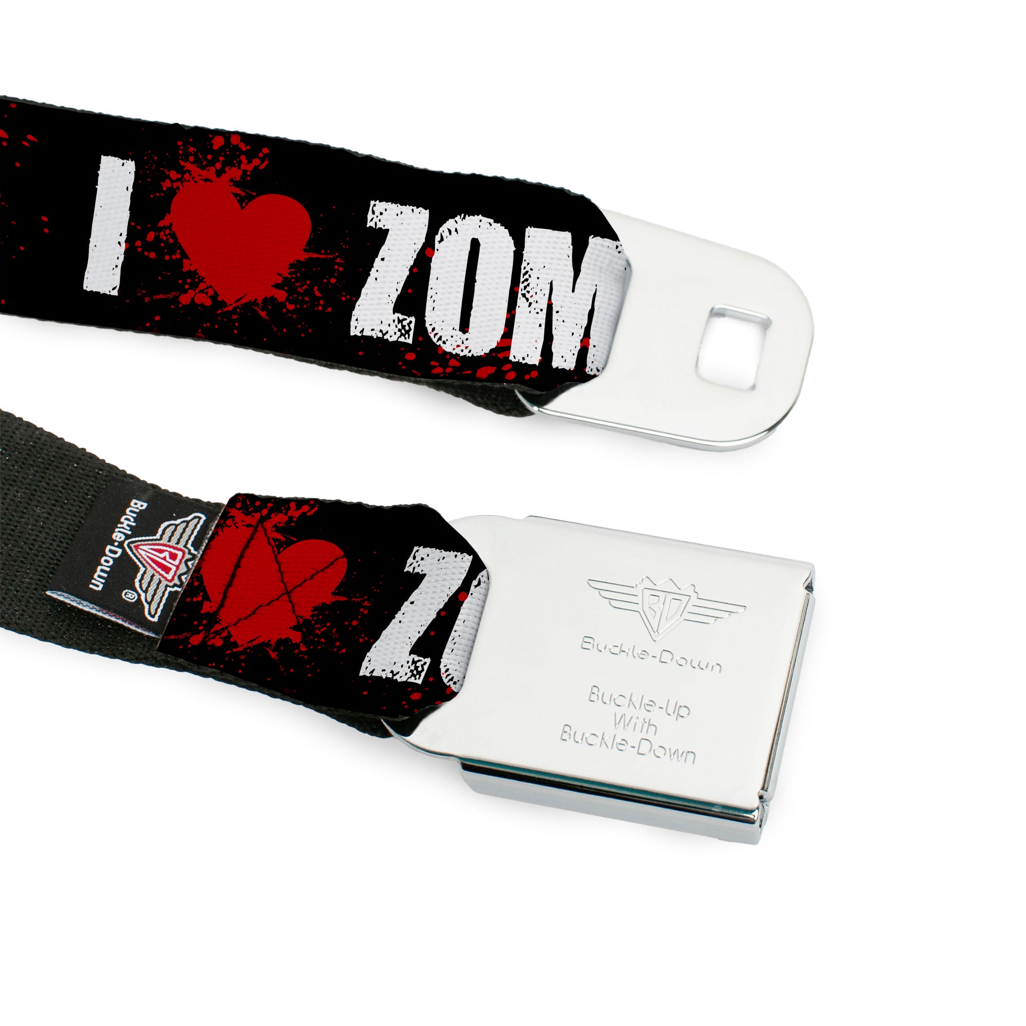 BD Wings Logo CLOSE-UP Full Color Black Silver Seatbelt Belt - I "HEART" ZOMBIES Black/White/Red Splatter Webbing Seatbelt Belts Buckle-Down