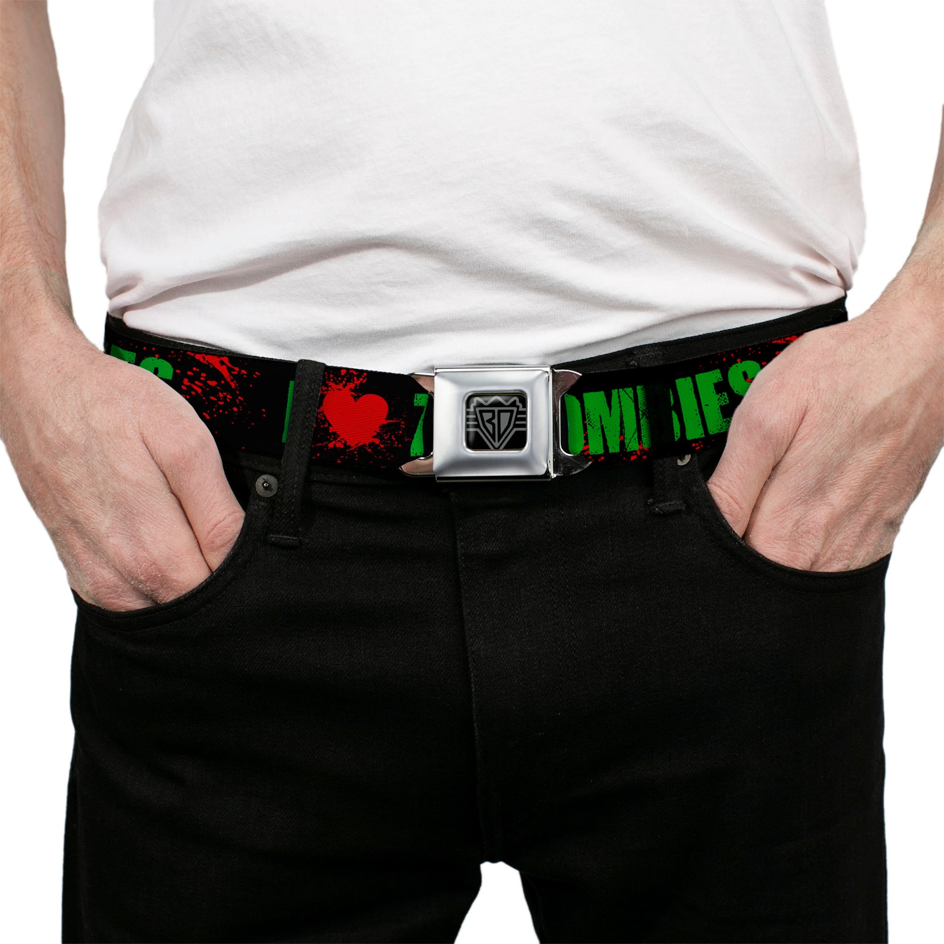 BD Wings Logo CLOSE-UP Full Color Black Silver Seatbelt Belt - I "HEART" ZOMBIES Black/Green/Red Splatter Webbing Seatbelt Belts Buckle-Down