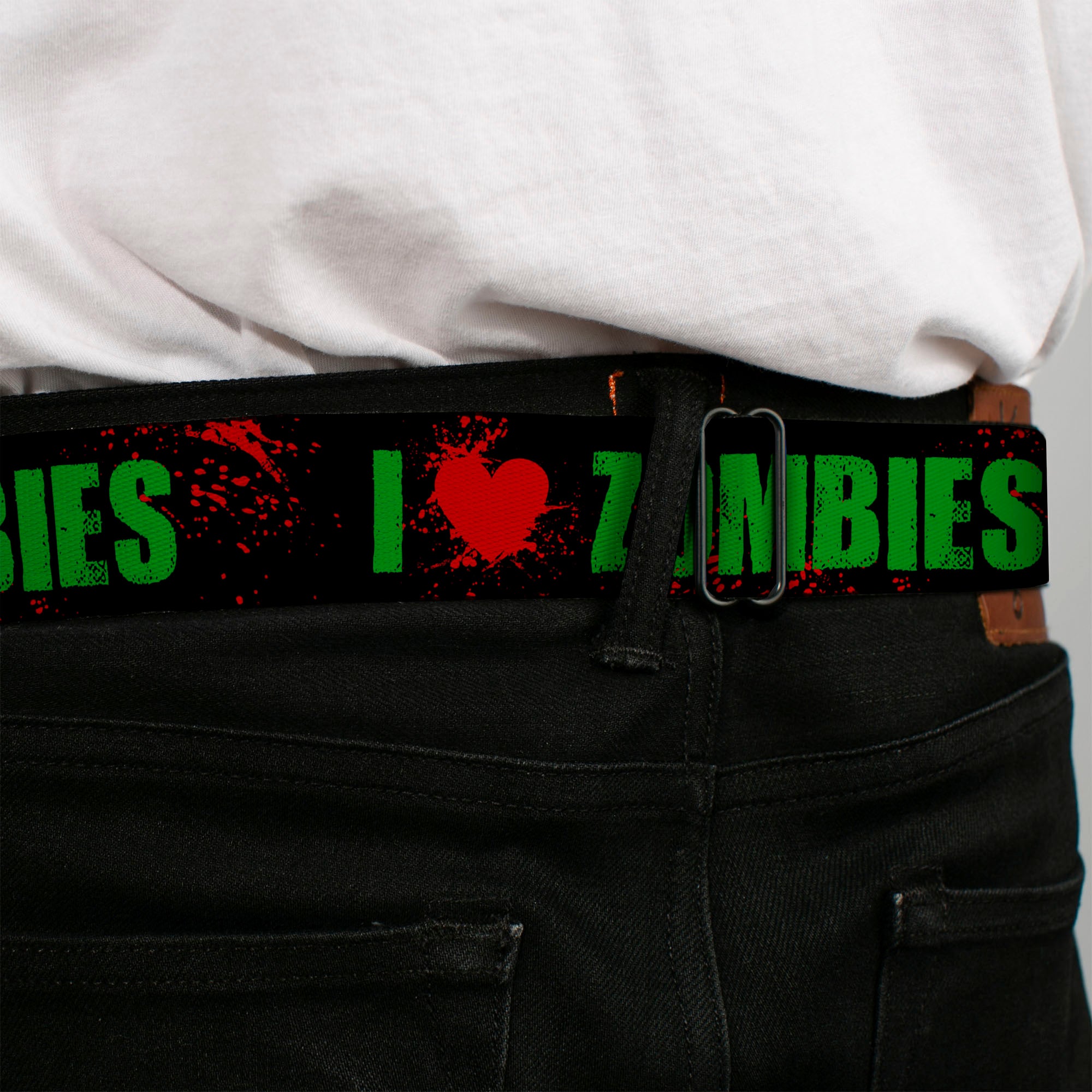 BD Wings Logo CLOSE-UP Full Color Black Silver Seatbelt Belt - I "HEART" ZOMBIES Black/Green/Red Splatter Webbing Seatbelt Belts Buckle-Down