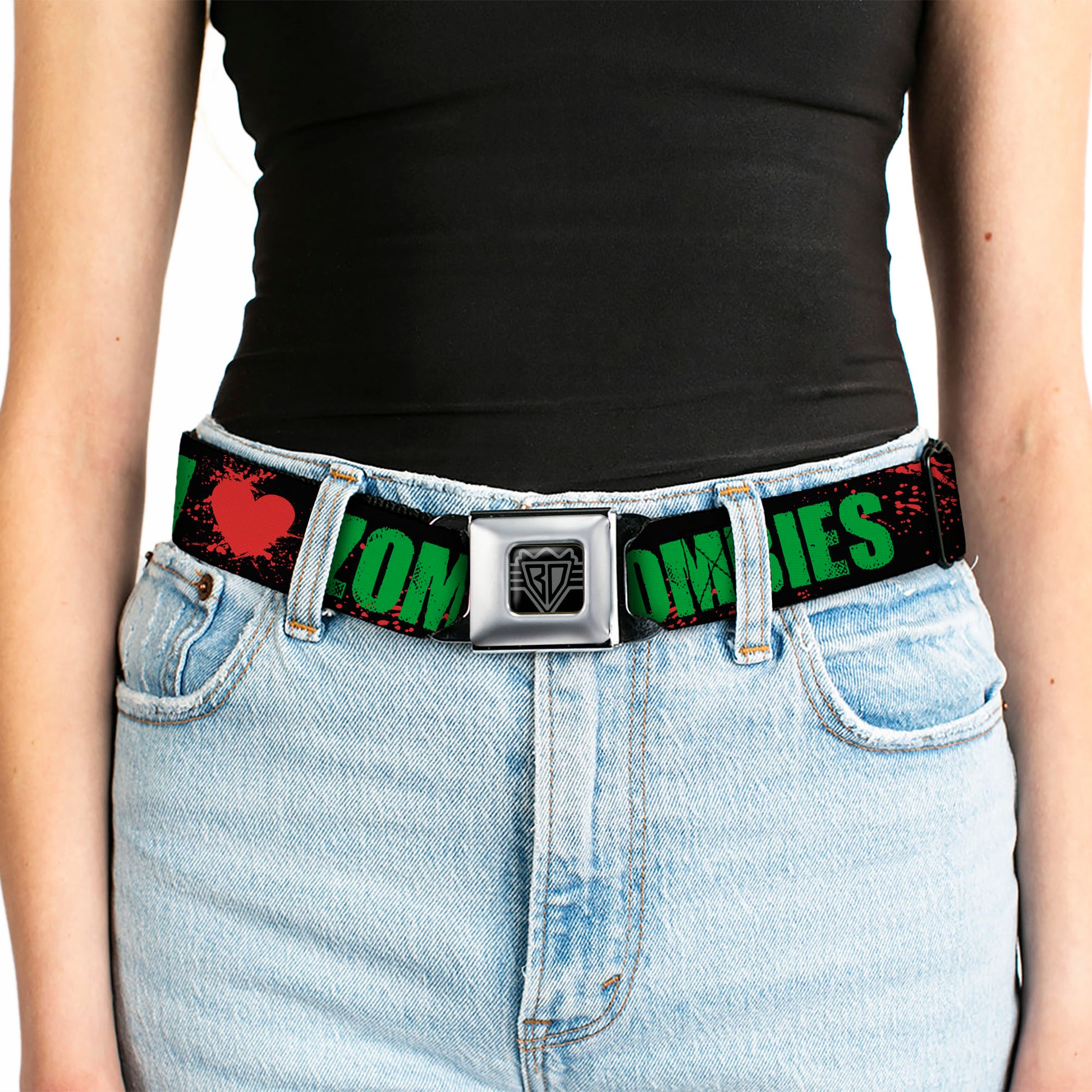 BD Wings Logo CLOSE-UP Full Color Black Silver Seatbelt Belt - I "HEART" ZOMBIES Black/Green/Red Splatter Webbing Seatbelt Belts Buckle-Down
